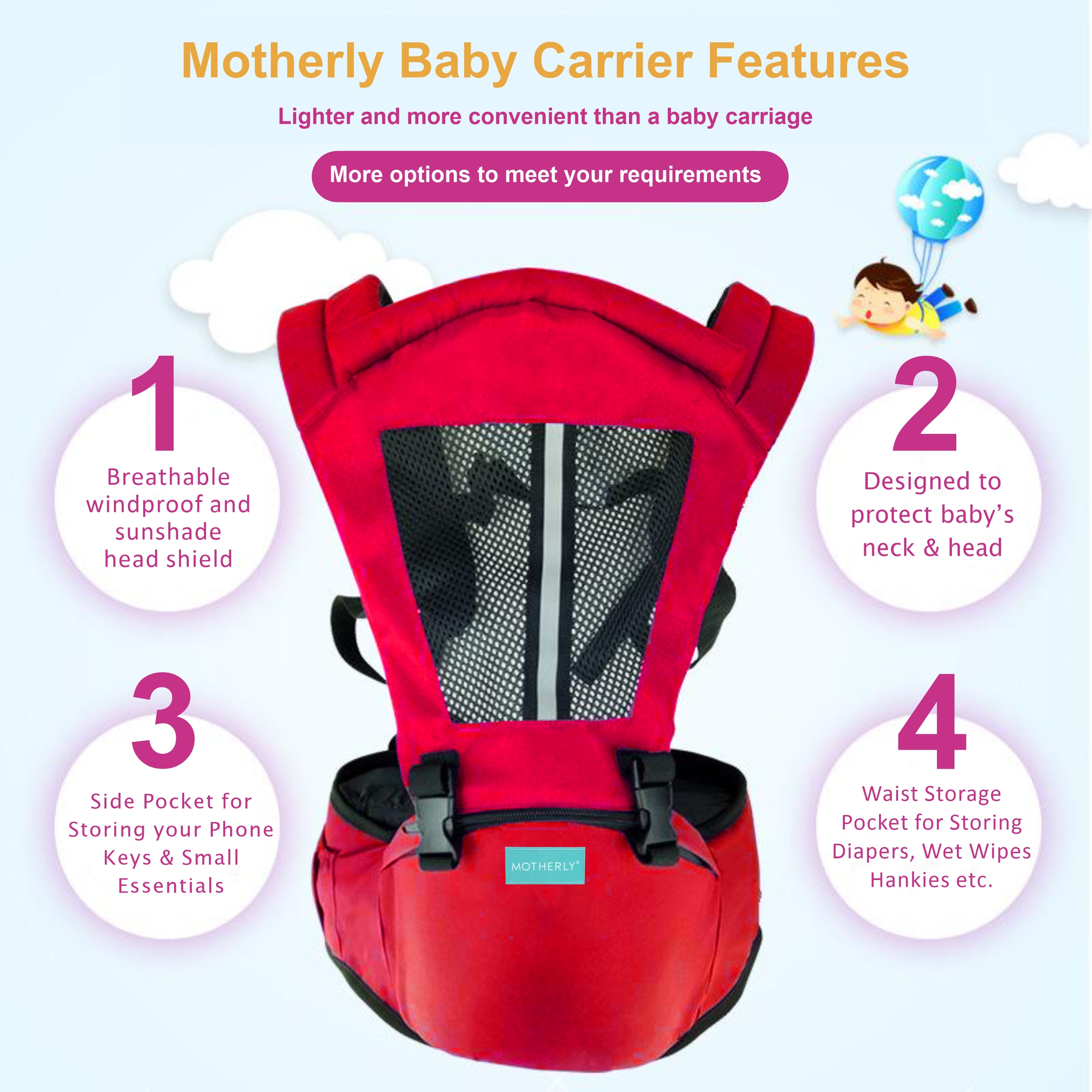Motherly 2-in-1 Baby Carrier Bag for 6 to 36 Months - Kangaroo Style with Hip Seat for Comfort Carrying - MOTHERLY