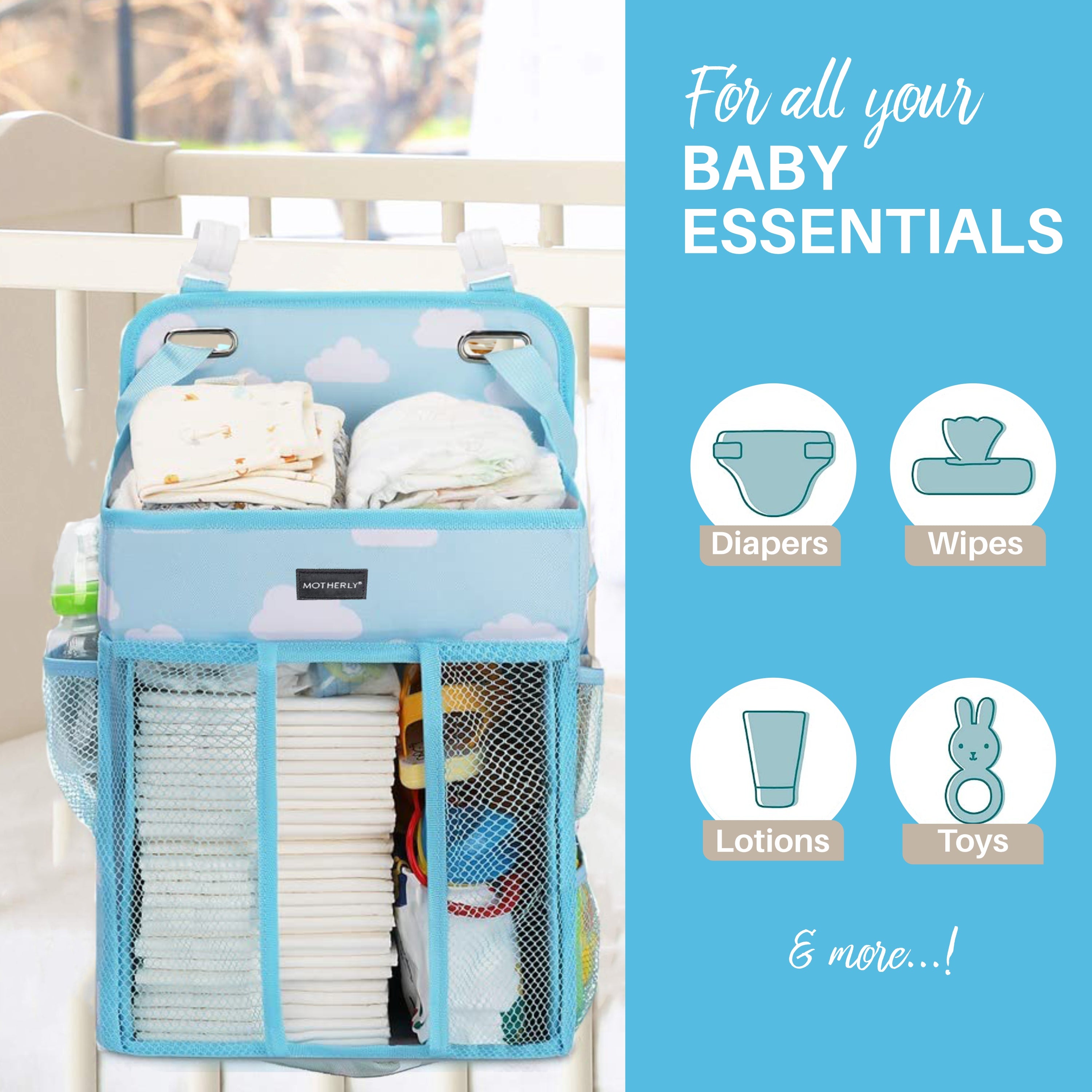 Motherly Baby Crib Organizer Hanging Diaper Storage Detachable Multiple Pockets Stackable Nursery Essentials - MOTHERLY