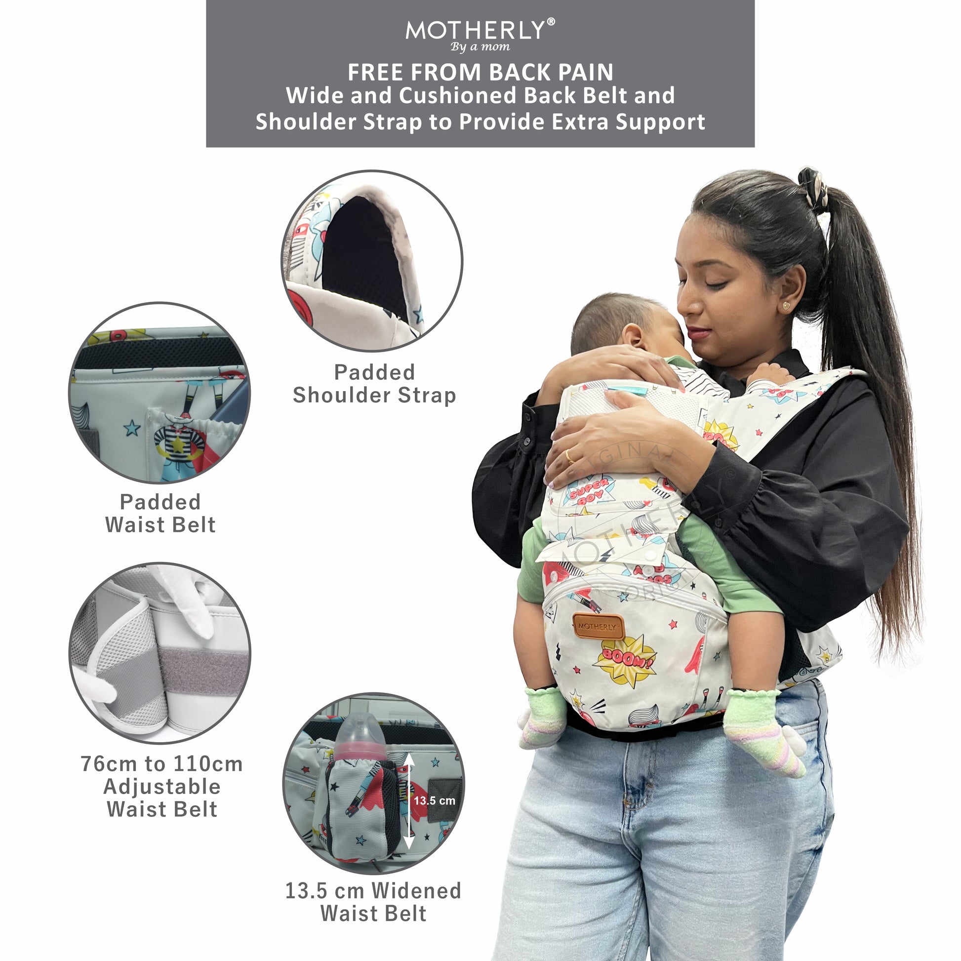 Motherly Baby Carrier for 0 to 3 Year Baby – Adjustable Hands Free 6-in-1 Baby Carrier with Detachable Hip Seat | baby carrier for new born |  Toddler Carrier with Head Support & Buckle Strap for Hiking & Everyday Use - MOTHERLY