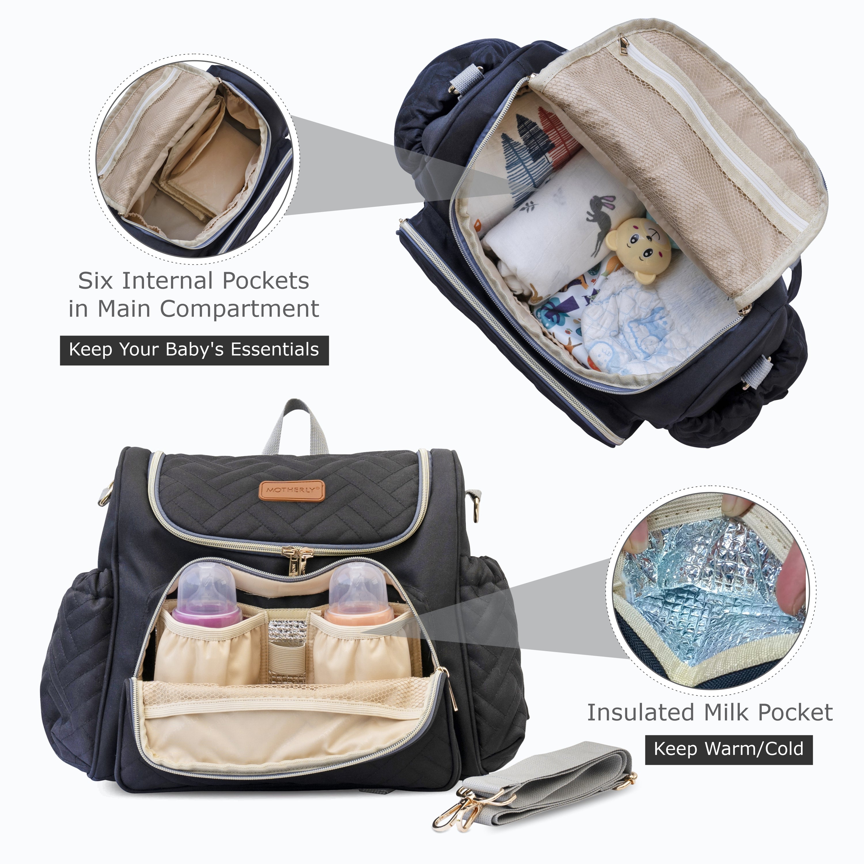Motherly Diaper Quilted Diaper Bag for Mothers for Travel with Changing Mat - Spacious Diaper Bags for Mom | Baby Bag with Multi-Pocket Design | Maternity Bags for Mother and Baby (Black) - MOTHERLY