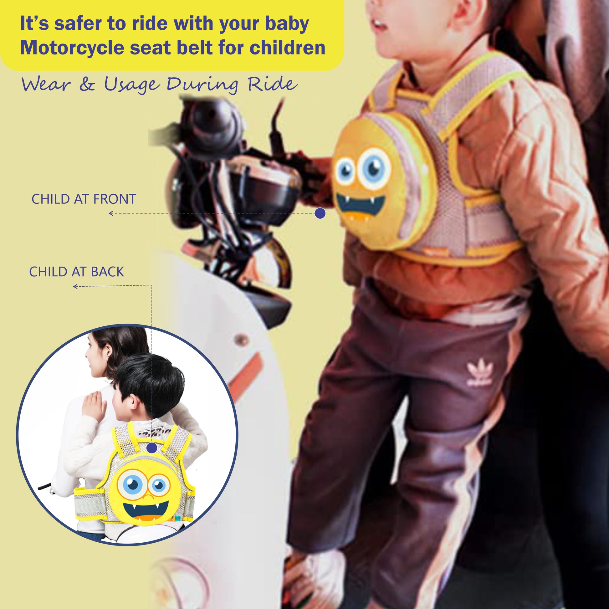 Motherly Children's Motorcycle Safety Harness Safe, Stylish Riding Companion with Two Wheeler Child Safety Belt - MOTHERLY