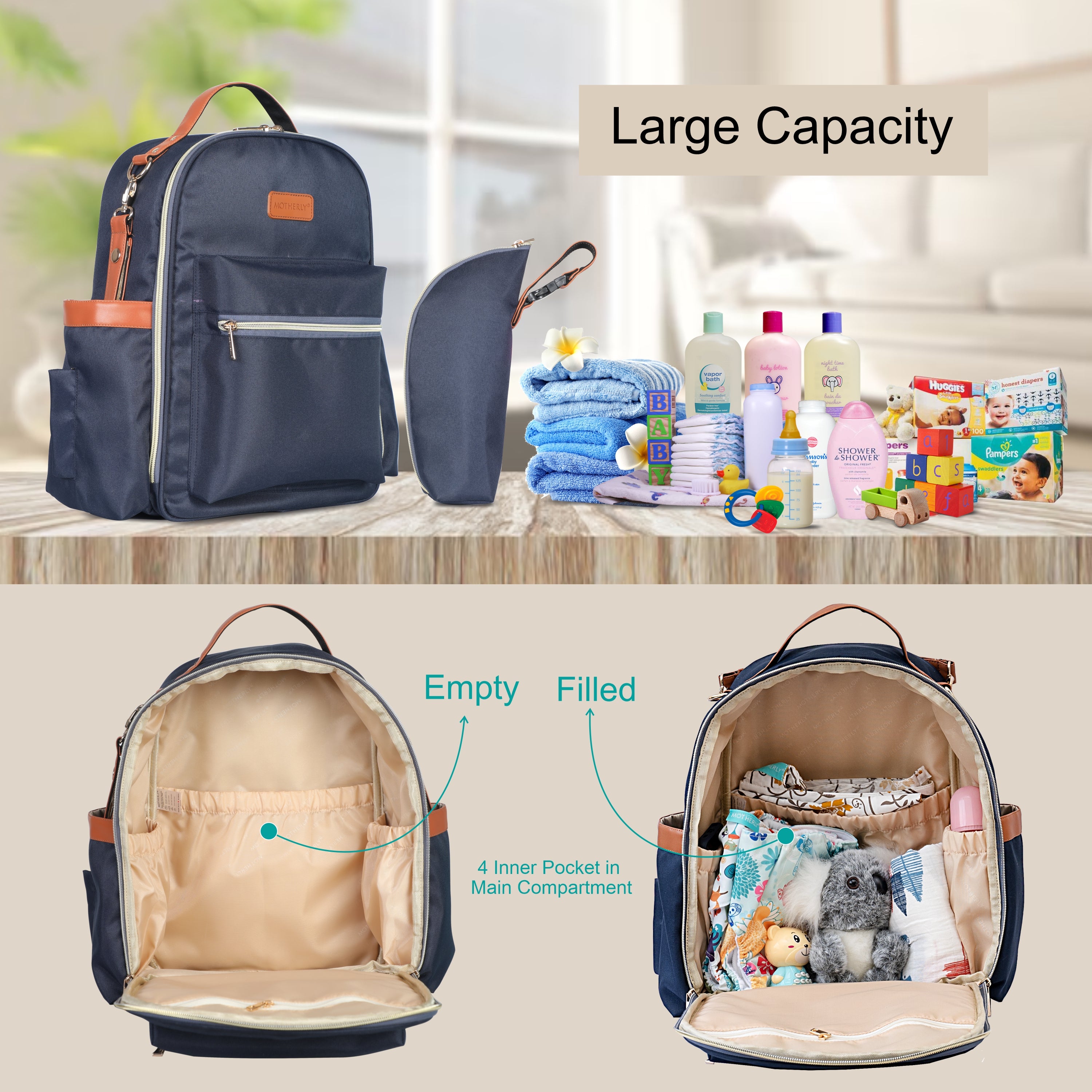 Motherly Diaper Bags For Mothers Stylish Backpacks for Moms for Travel with Stroller Hooks & Insulated Bottle Cover|6 Month Warranty |(Navy Gray) - MOTHERLY