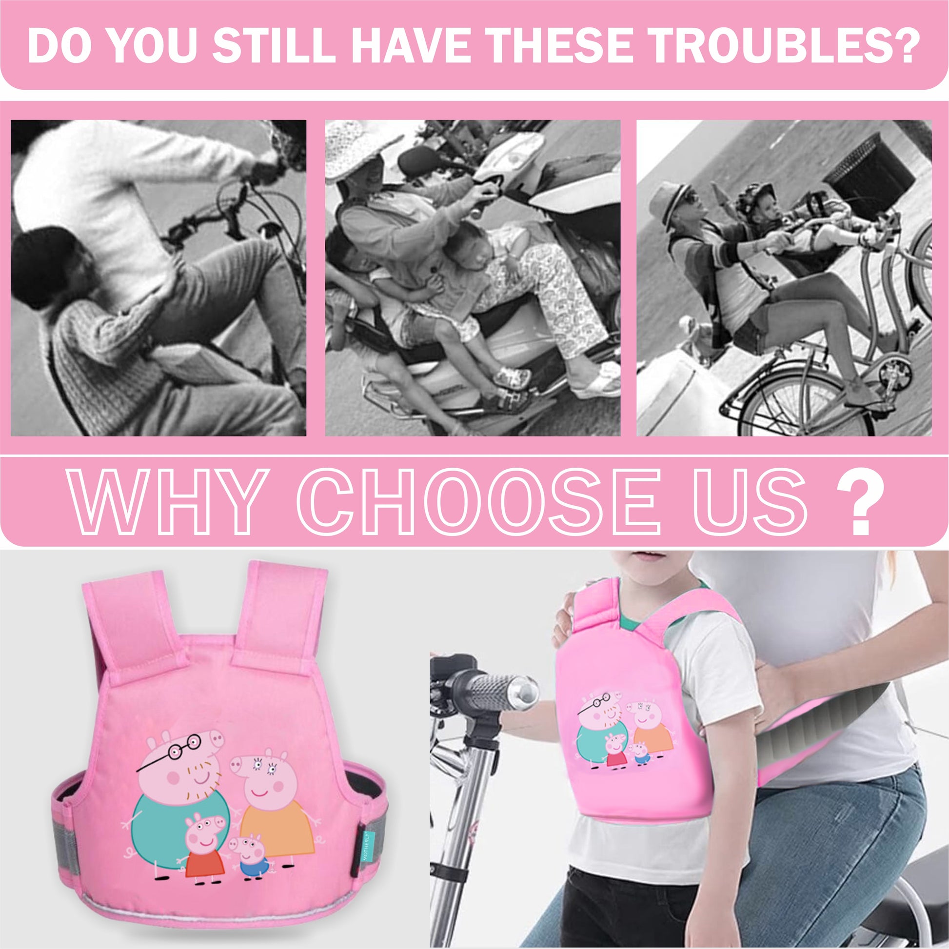 Motherly Children's Motorcycle Safety Harness Safe, Stylish Riding Companion with Two Wheeler Child Safety Belt - MOTHERLY