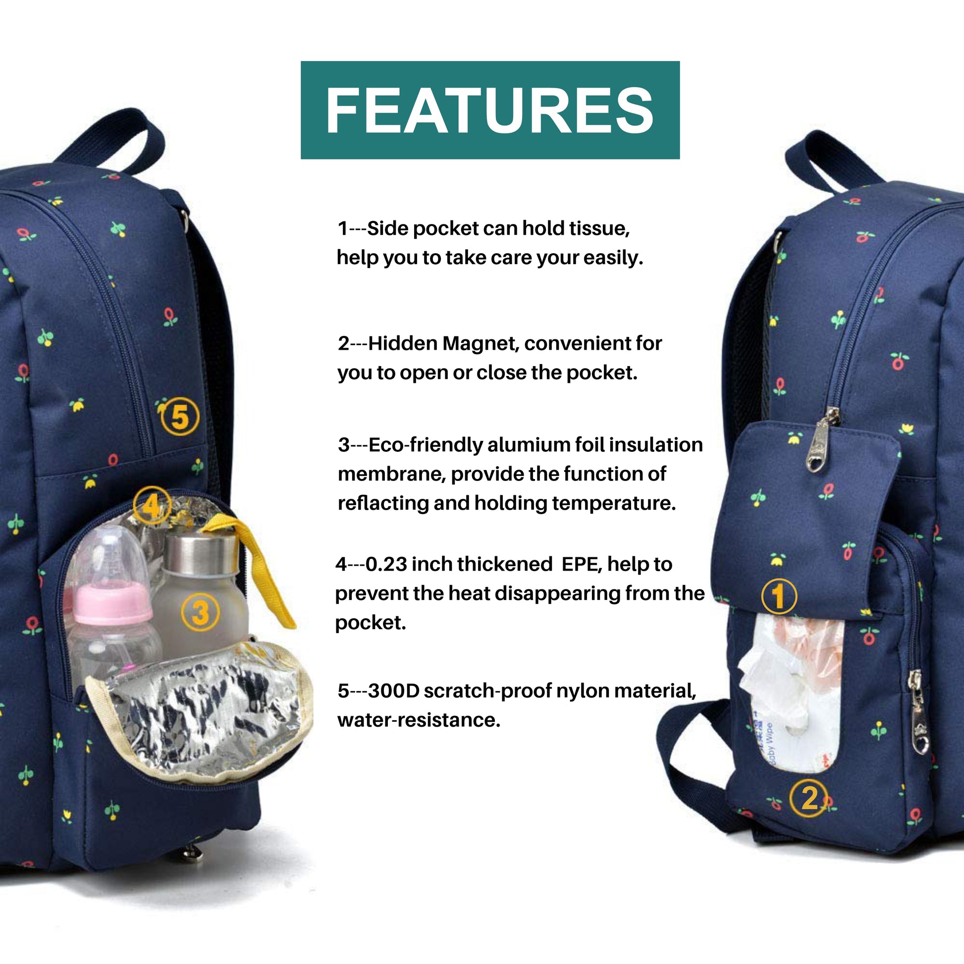 Motherly Stylish Babies Diaper Bags for Mothers with 1 Bottle Bag + 1 Diaper Changing Mat + 1 Set of Stroller Hooks (Blue Flower) - MOTHERLY