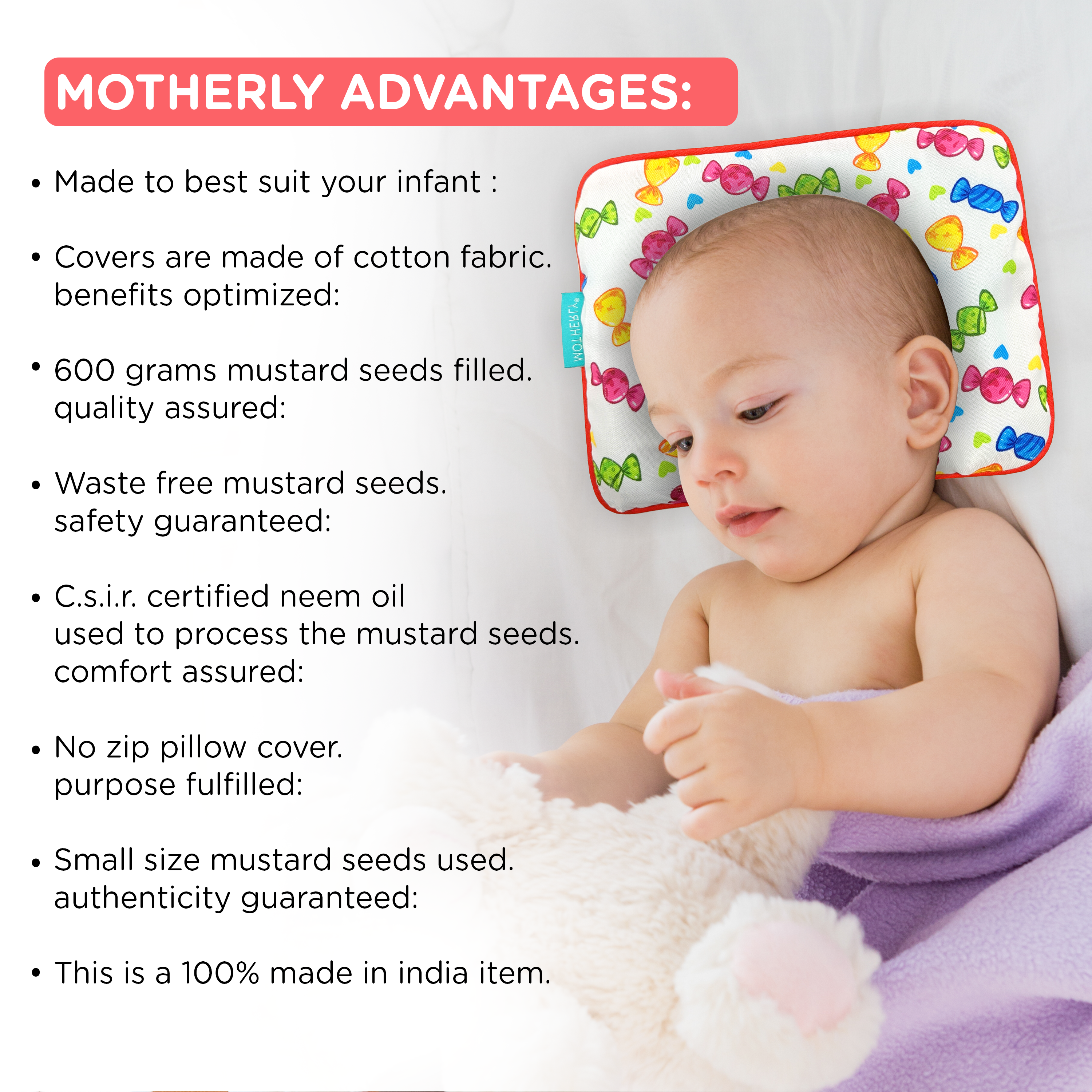 Motherly Mustard Seed Pillow for Newborns (0–12 Months) – Neem-Coated, Cotton Head Shaping Pillow for Gifting - Toffee