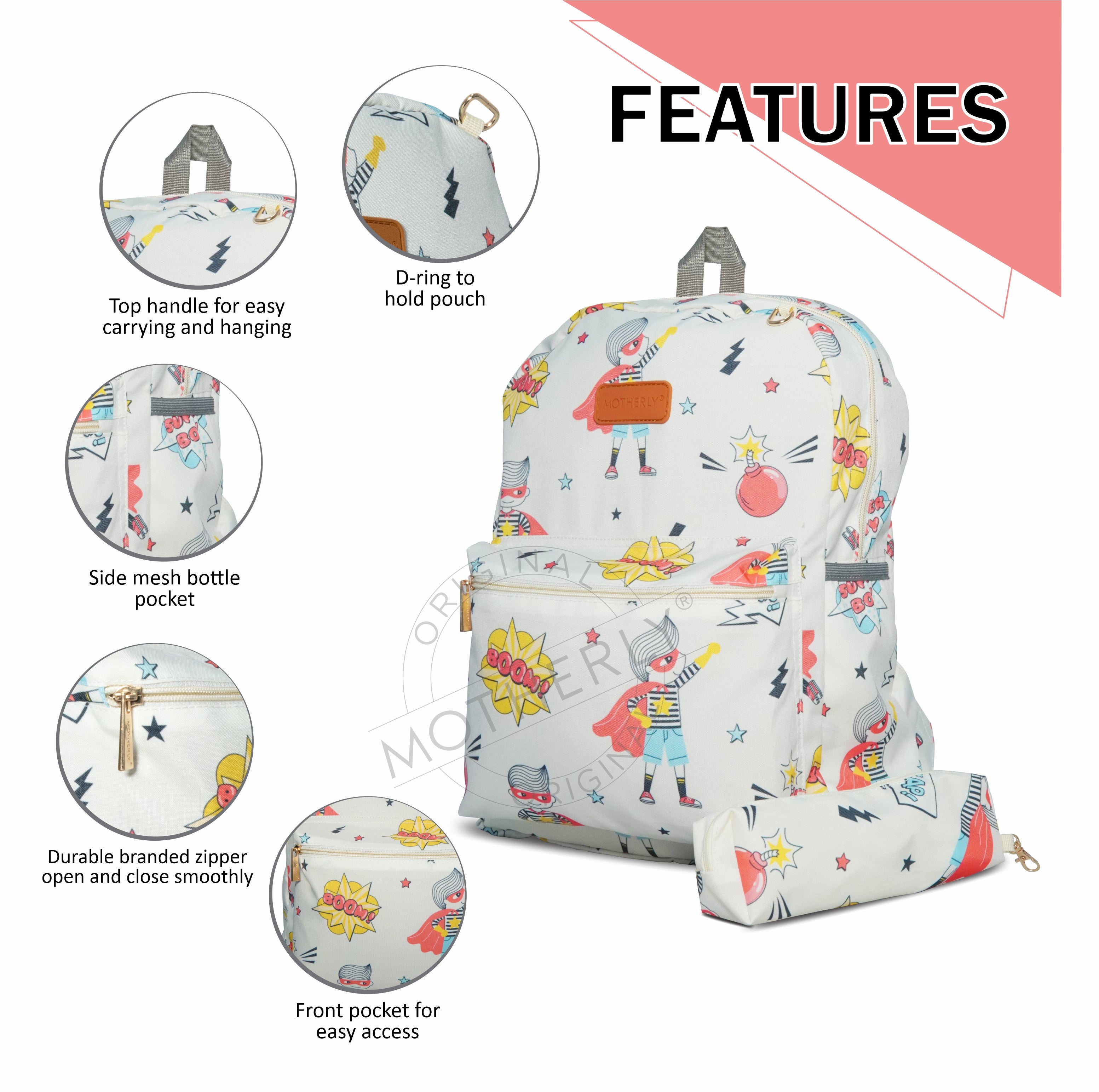 Motherly Kindergarten Backpack, Daycare Bags for Kids, Creche Bag Backpack Casual Backpack Picnic Bag for Kids, Unisex School Bag for Boys & Girls with Free Pencil Stationery Pouch (16 Inch) - MOTHERLY