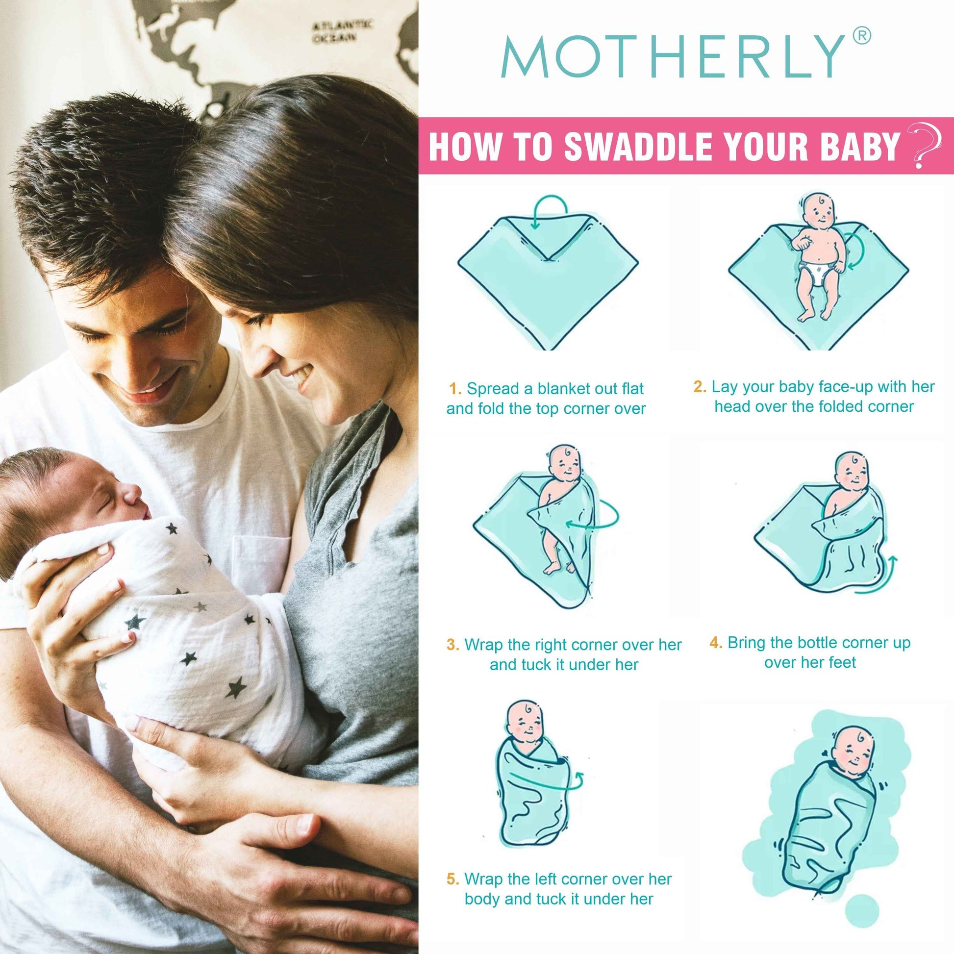 Motherly 100% Cotton Muslin Baby Swaddle | Dreamy Wrap Cozy Swaddle for New Born Baby, Size - 120cm X 120cm (47"x47")