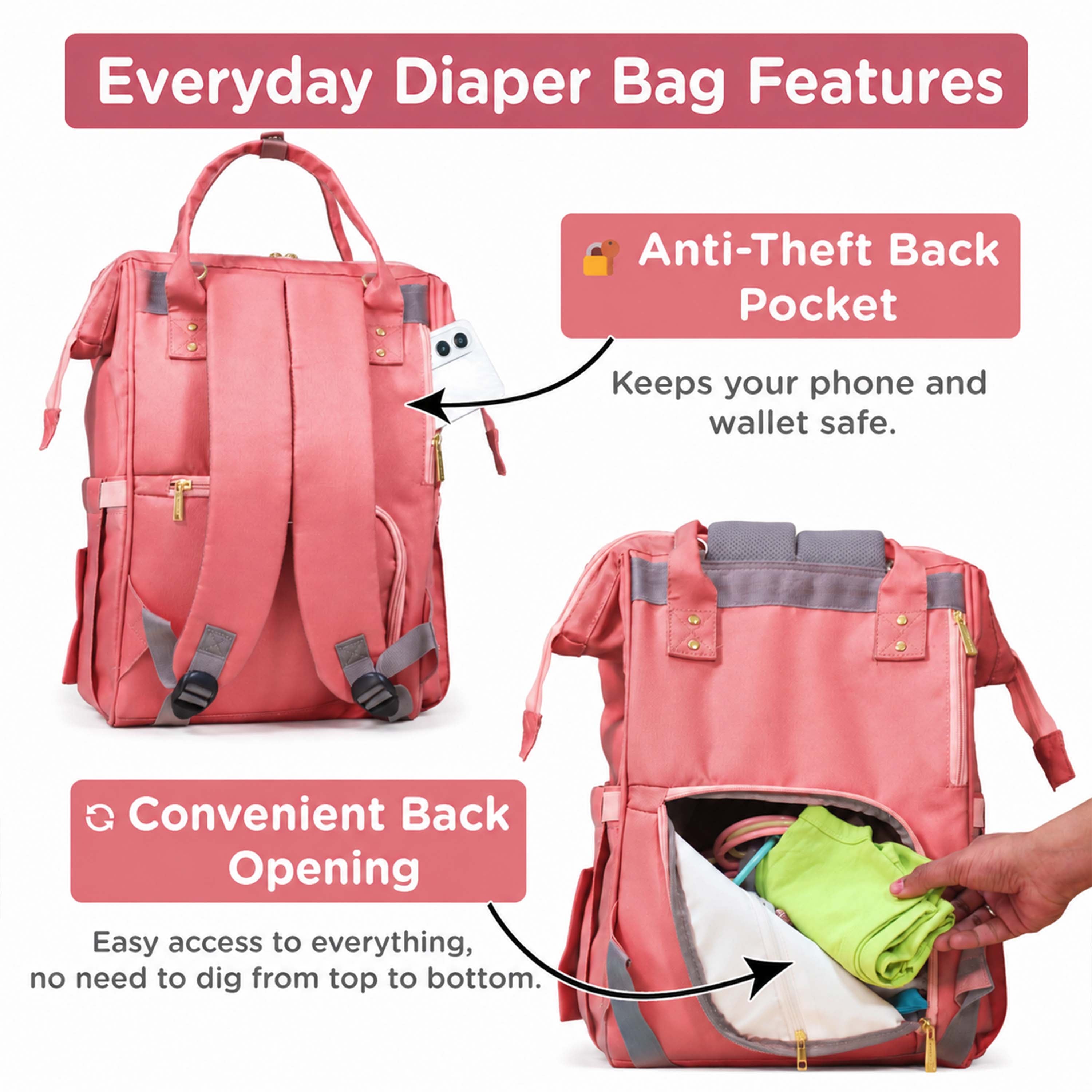 Motherly Patented Diaper Bag for Moms & Newborn Baby, Maternity Travel & Hospital Bag, Water-Resistant Baby Care Organizer with Multiple Storage Pockets (Everyday Series)
