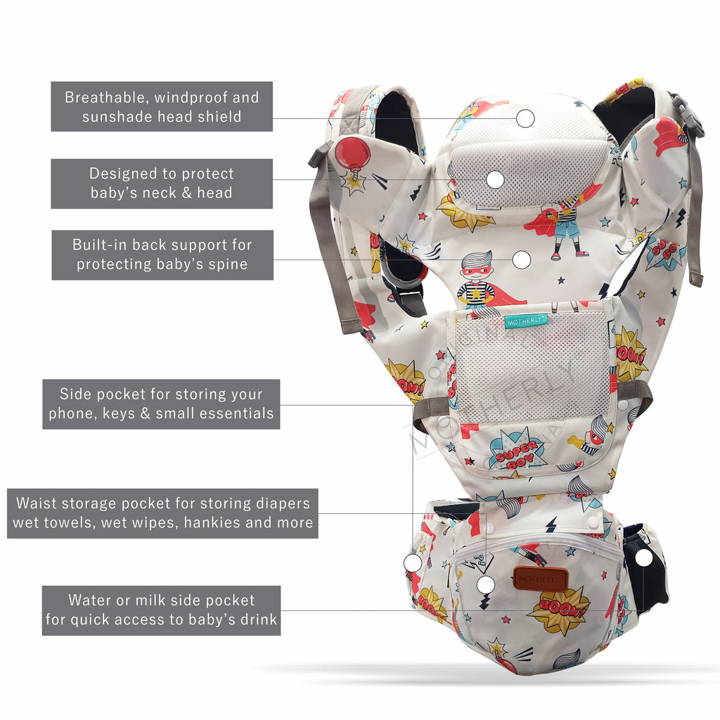 Motherly Baby Carrier for 0 to 3 Year Baby – Adjustable Hands Free 6-in-1 Baby Carrier with Detachable Hip Seat | baby carrier for new born |  Toddler Carrier with Head Support & Buckle Strap for Hiking & Everyday Use - MOTHERLY