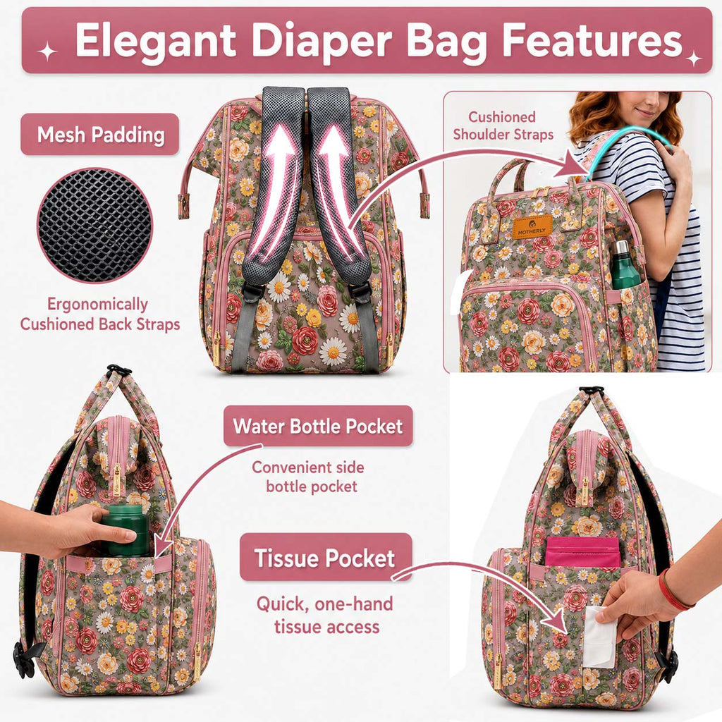 Motherly Patented Diaper Bag Backpack for Moms | Waterproof Baby Travel & Maternity Bag | Spacious Nappy Bag with Insulated Bottle Pockets & Warranty  (Elegant Series)