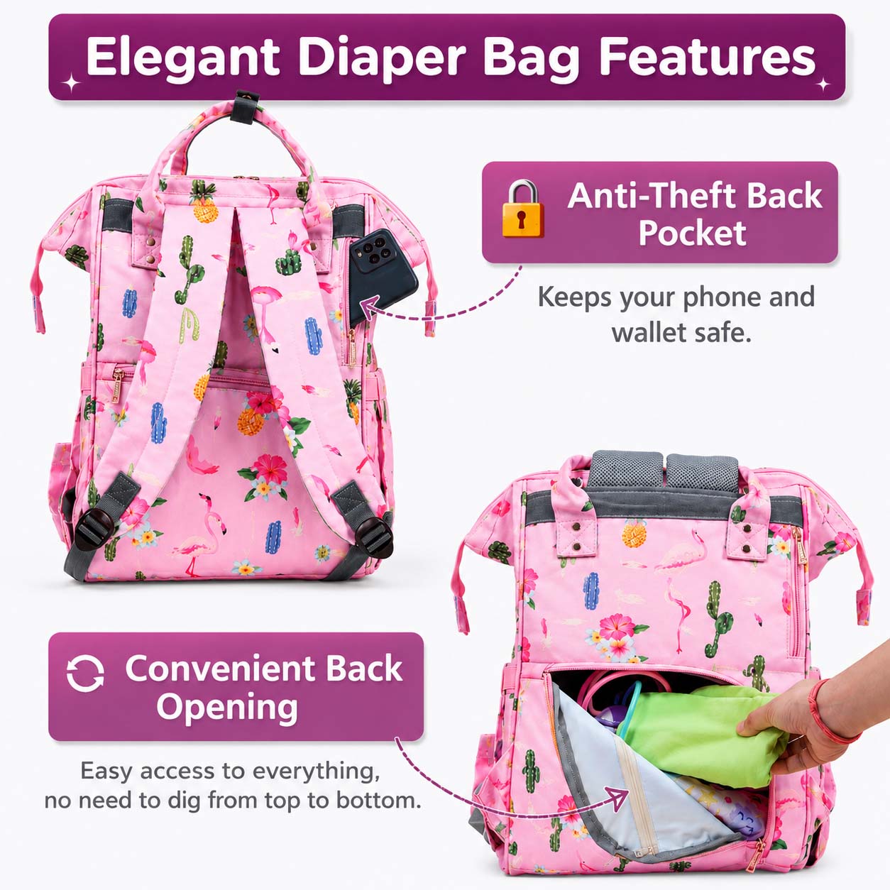 Motherly Patented Diaper Bag Backpack for Moms | Waterproof Baby Travel & Maternity Bag | Spacious Nappy Bag with Insulated Bottle Pockets & Warranty  (Elegant Series)