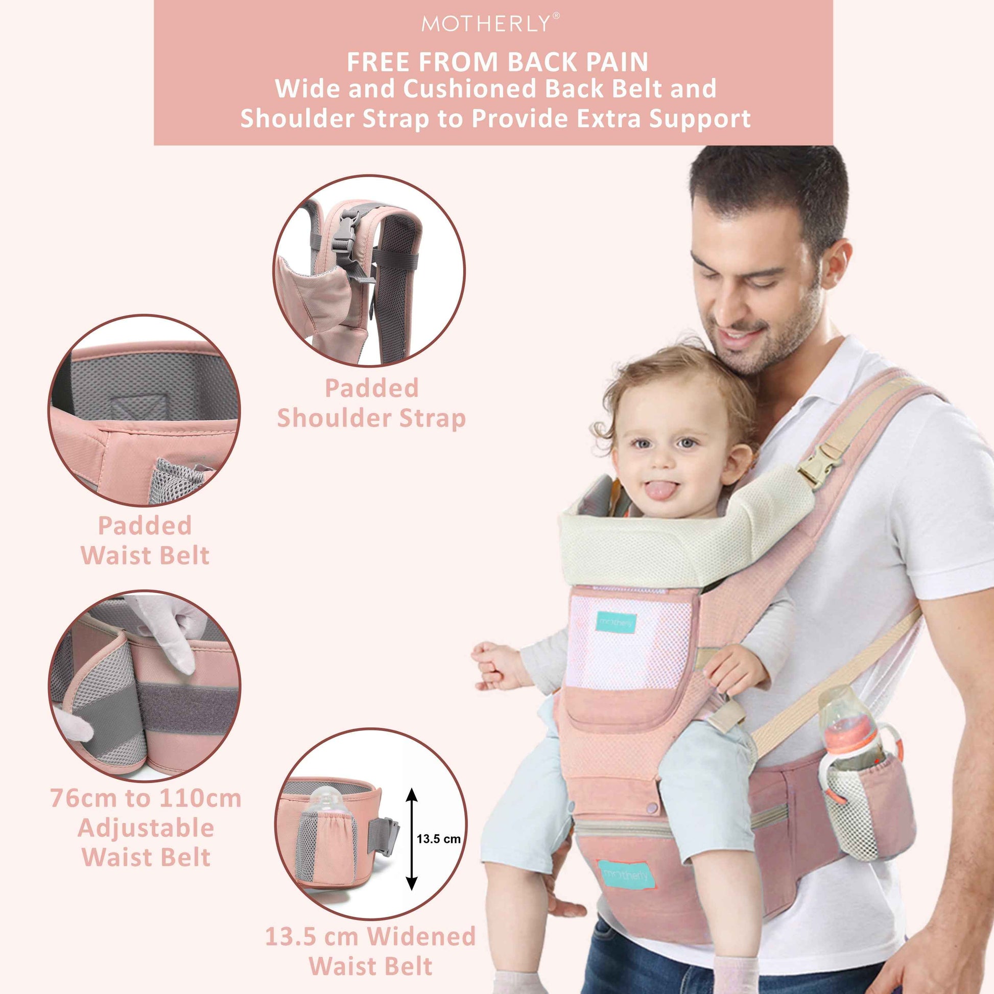 Motherly Baby Carrier for 0 to 3 Year Baby – Adjustable Hands Free 6-in-1 Baby Carrier with Detachable Hip Seat | baby carrier for new born |  Toddler Carrier with Head Support & Buckle Strap for Hiking & Everyday Use (Blue)