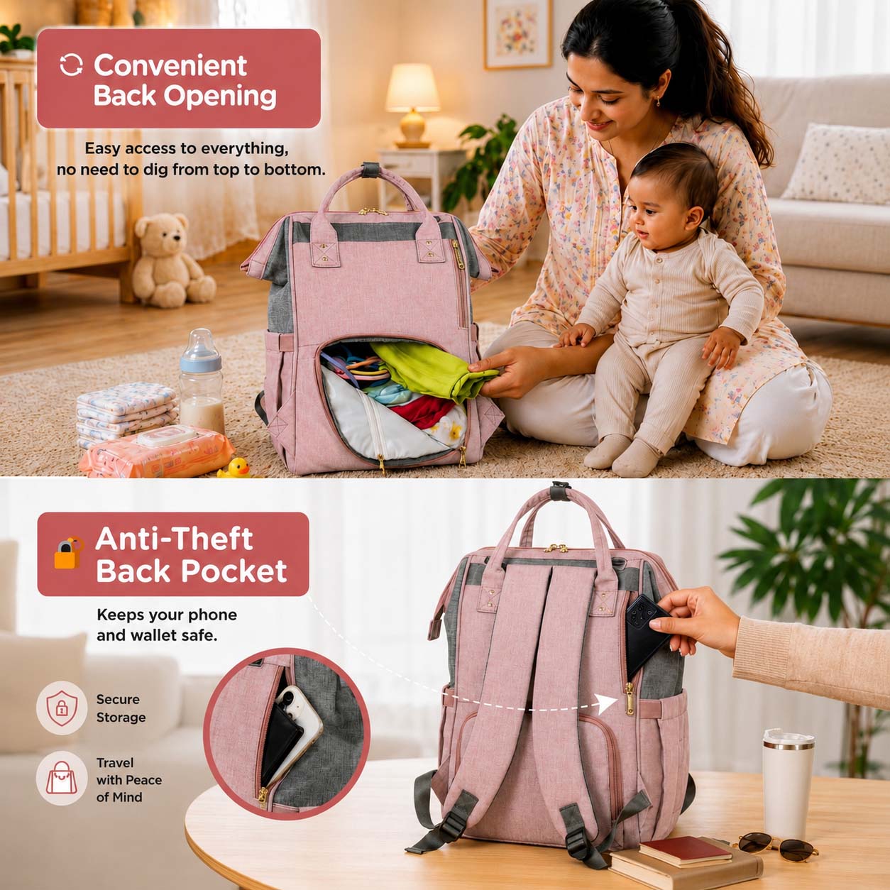 Motherly Crown Melange Fabric Diaper Bag for Travel & Maternity, Multipocket Water-Resistant Hospital Organizer for Newborn Moms with Warranty