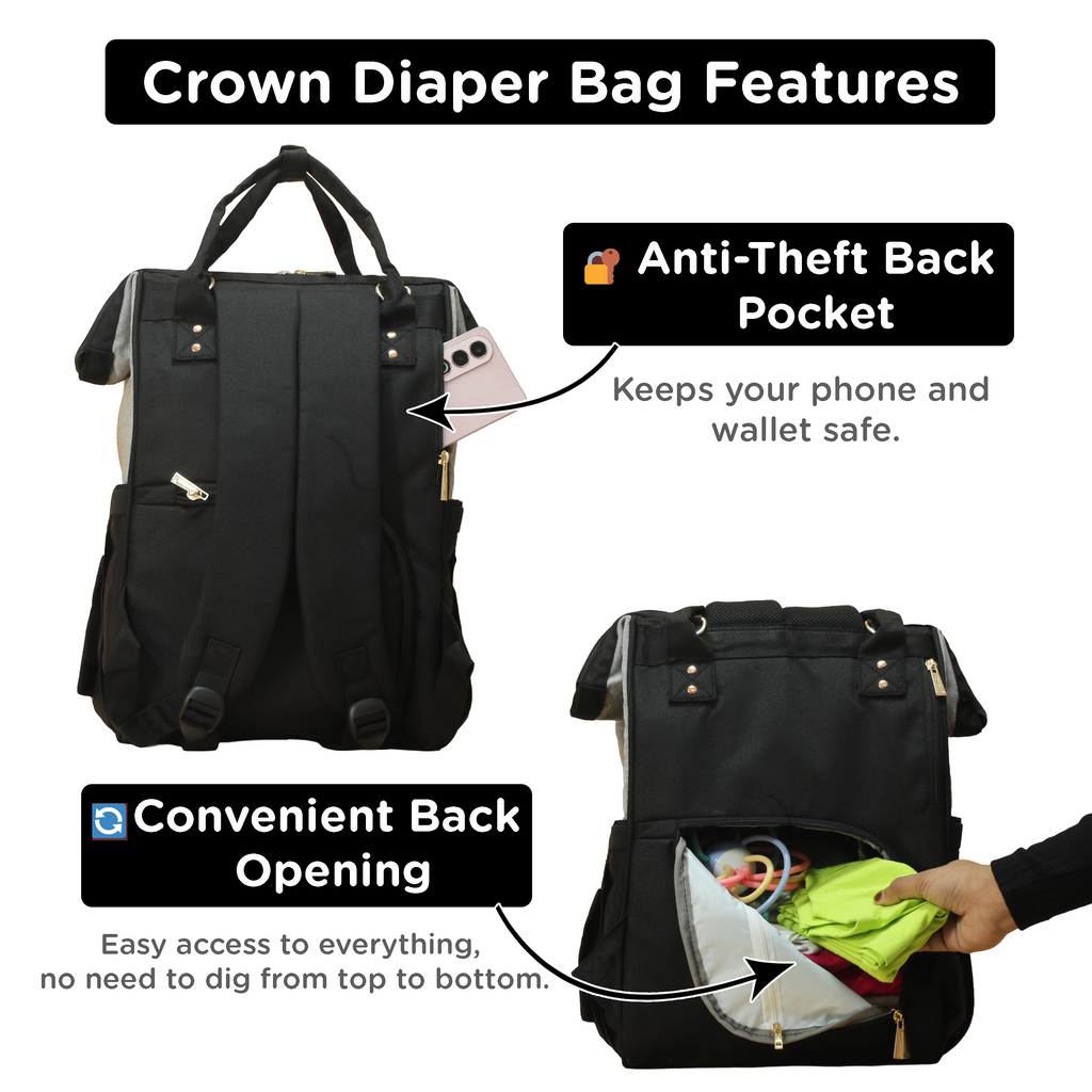 Motherly Crown Diaper Bag for Moms – Water-Resistant Travel & Maternity Bag with Multiple Pockets & 6-Month Warranty