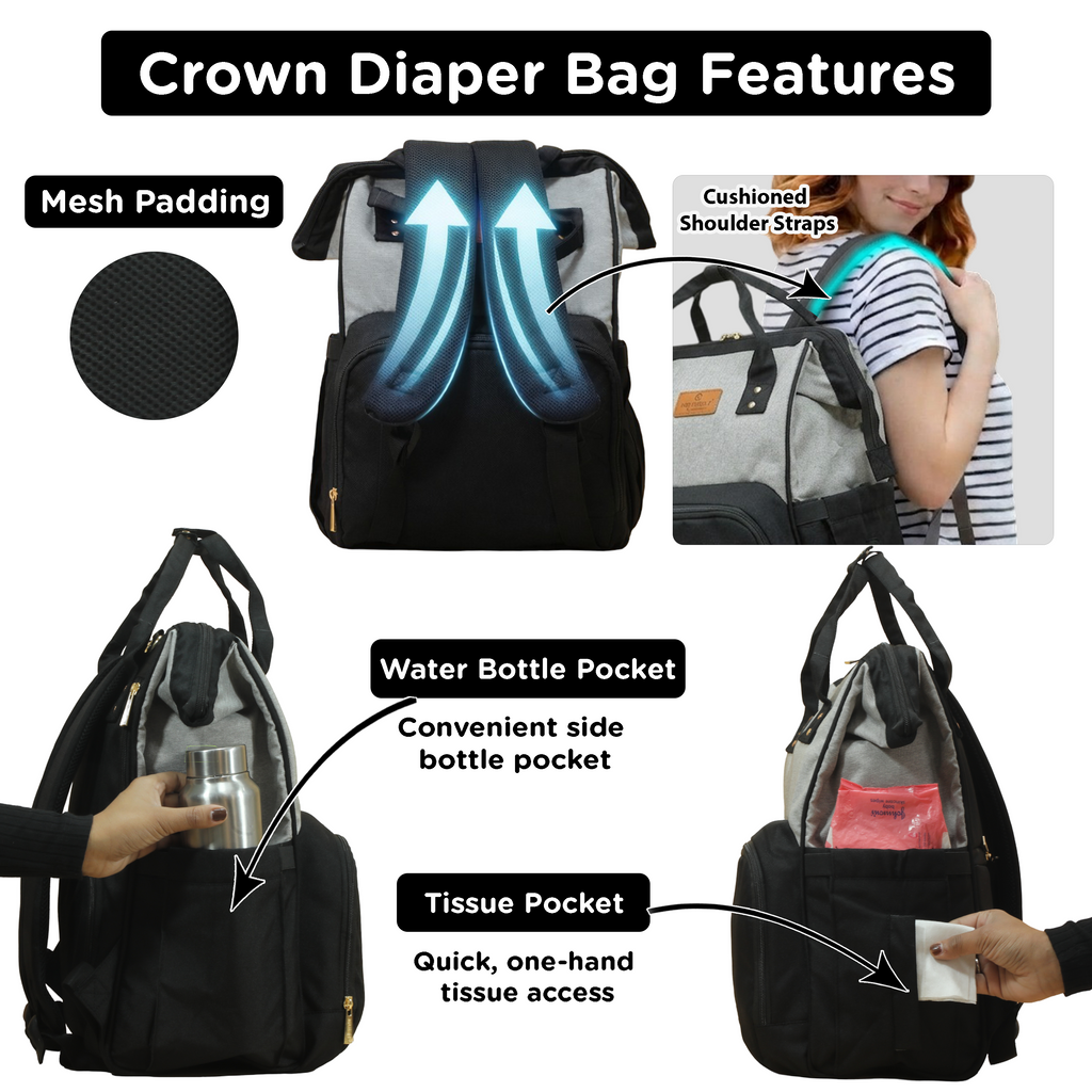 Motherly Crown Diaper Bag for Moms – Water-Resistant Travel & Maternity Bag with Multiple Pockets & 6-Month Warranty