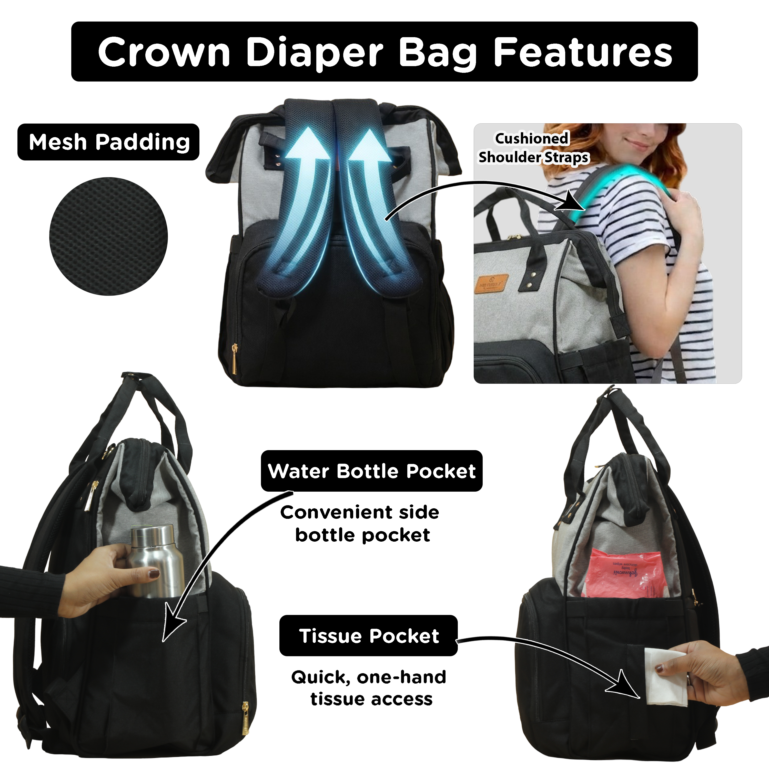 Motherly Crown Diaper Bag for Moms – Water-Resistant Travel & Maternity Bag with Multiple Pockets & 6-Month Warranty