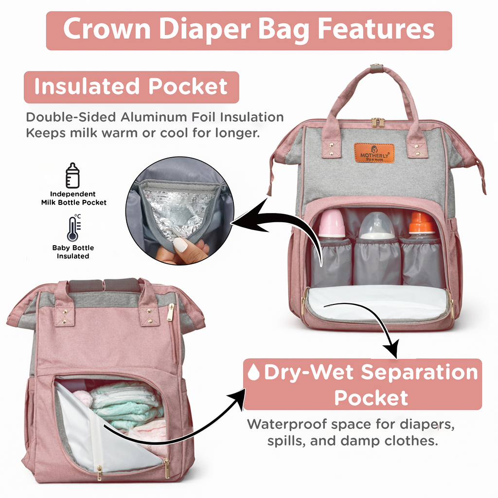 Motherly Crown Diaper Bag for Moms – Water-Resistant Travel & Maternity Bag with Multiple Pockets & 6-Month Warranty