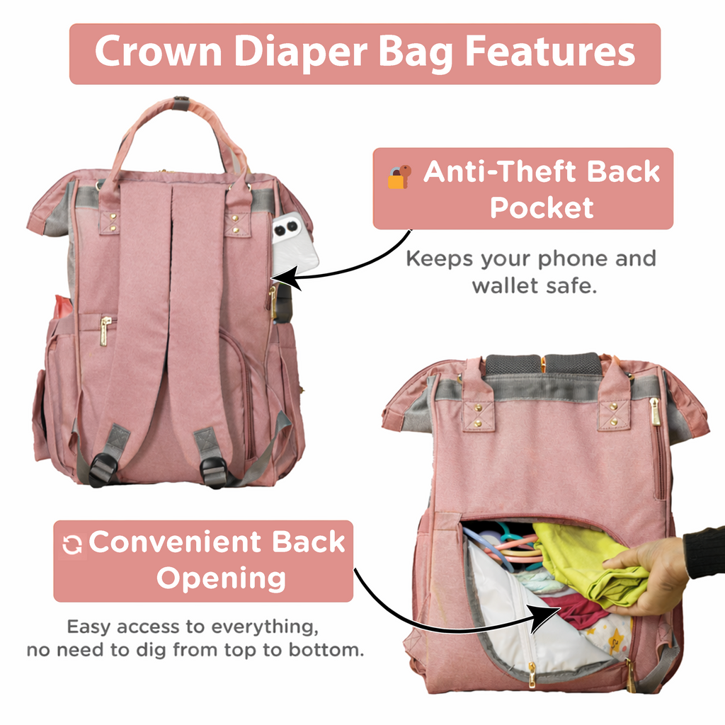 Motherly Crown Diaper Bag for Moms – Water-Resistant Travel & Maternity Bag with Multiple Pockets & 6-Month Warranty