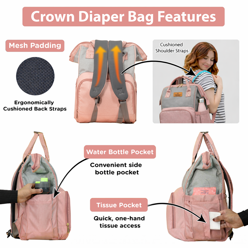 Motherly Crown Diaper Bag for Moms – Water-Resistant Travel & Maternity Bag with Multiple Pockets & 6-Month Warranty