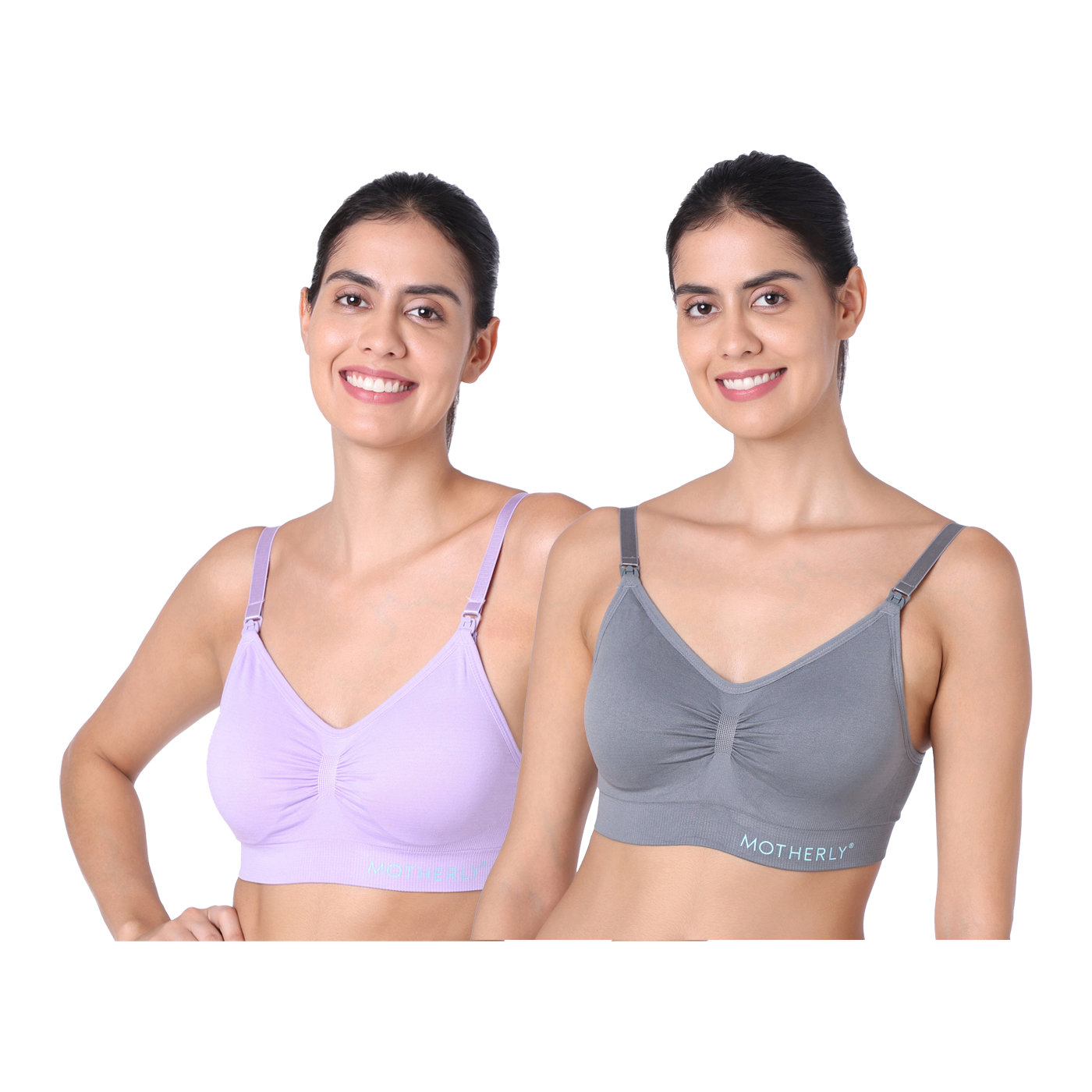 Motherly Padded Maternity Nursing Bra – Breastfeeding Bra with Removable Pads (Medium, Grey + Skin, Pack of 2)