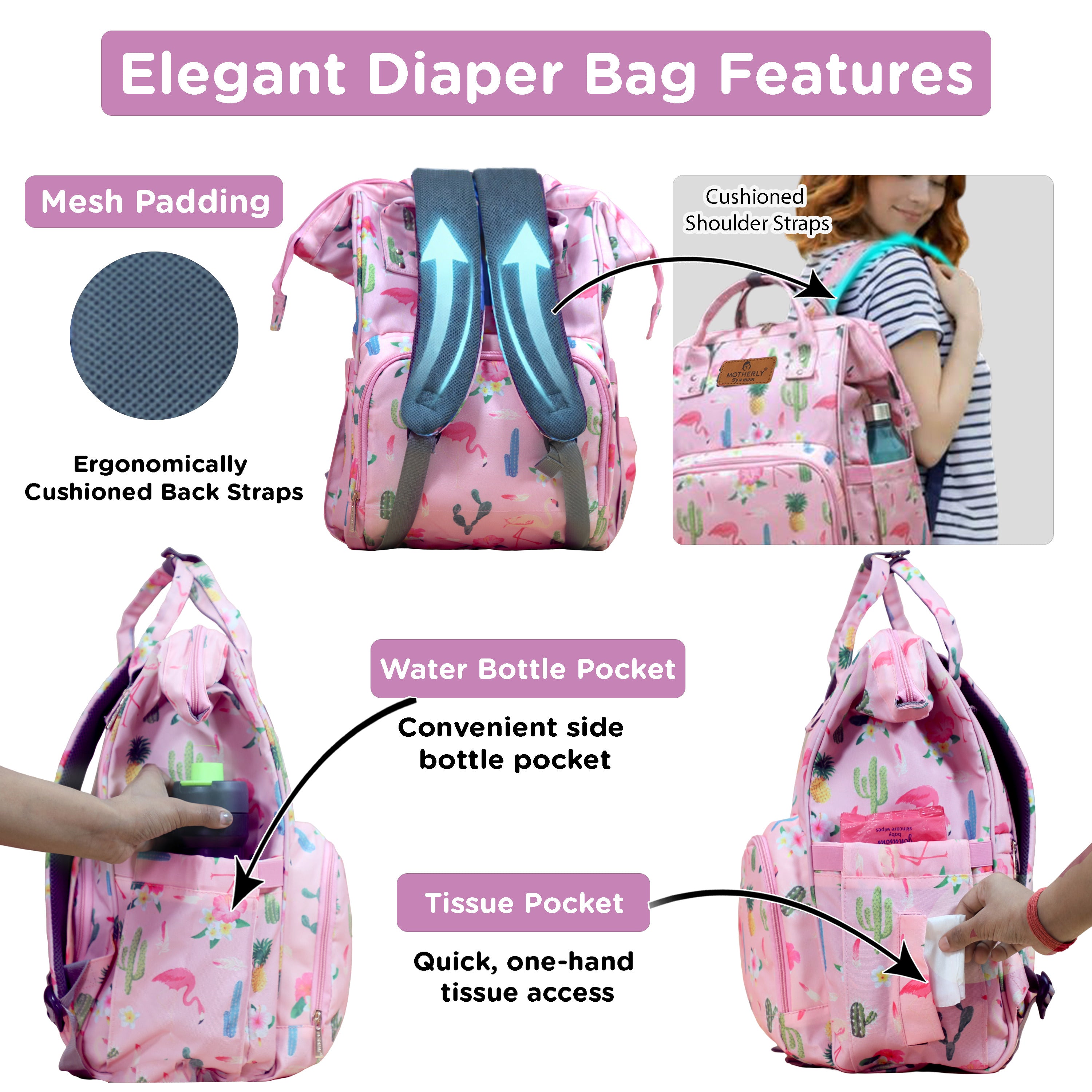 Motherly Elegant Diaper Bag for Moms – Water-Resistant Maternity & Travel Bag with Multiple Pockets & Warranty