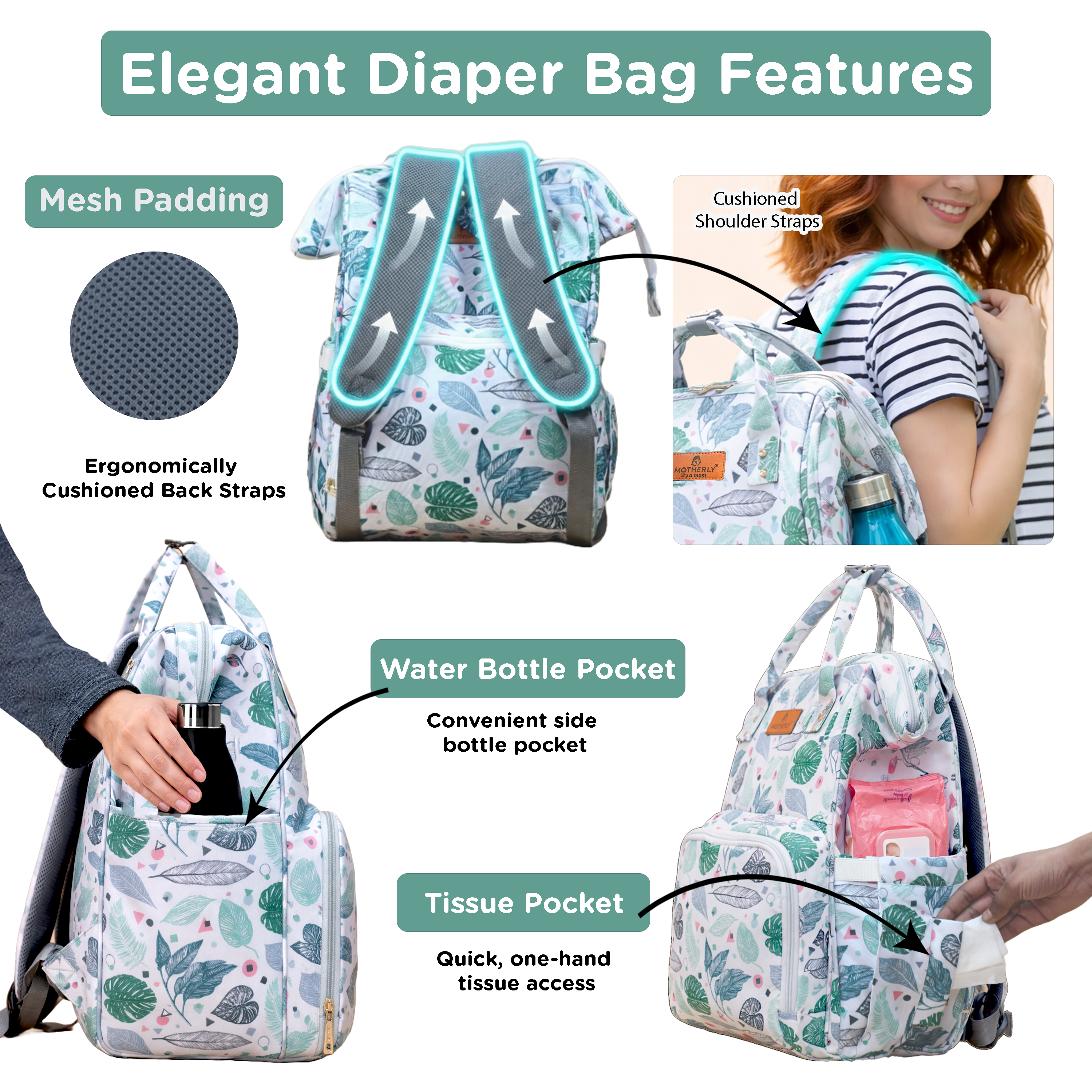 Motherly Elegant Diaper Bag for Moms – Water-Resistant Maternity & Travel Bag with Multiple Pockets & Warranty
