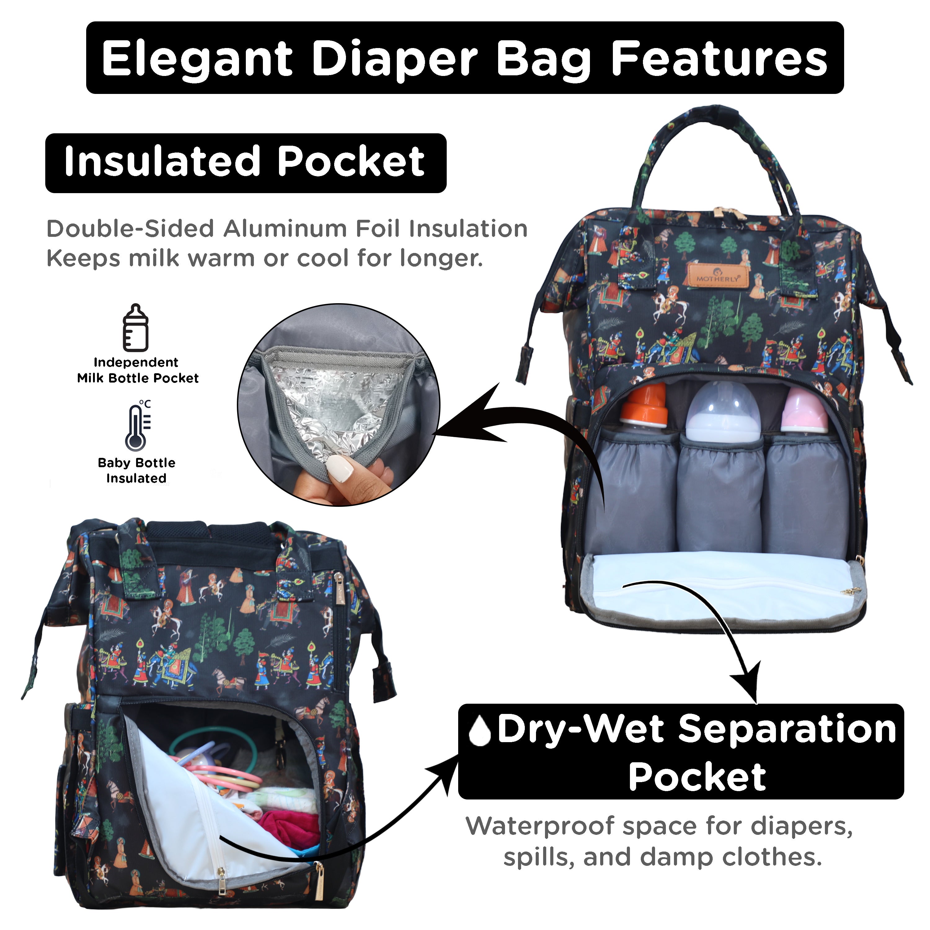 Motherly Elegant Diaper Bag for Moms – Water-Resistant Maternity & Travel Bag with Multiple Pockets & Warranty