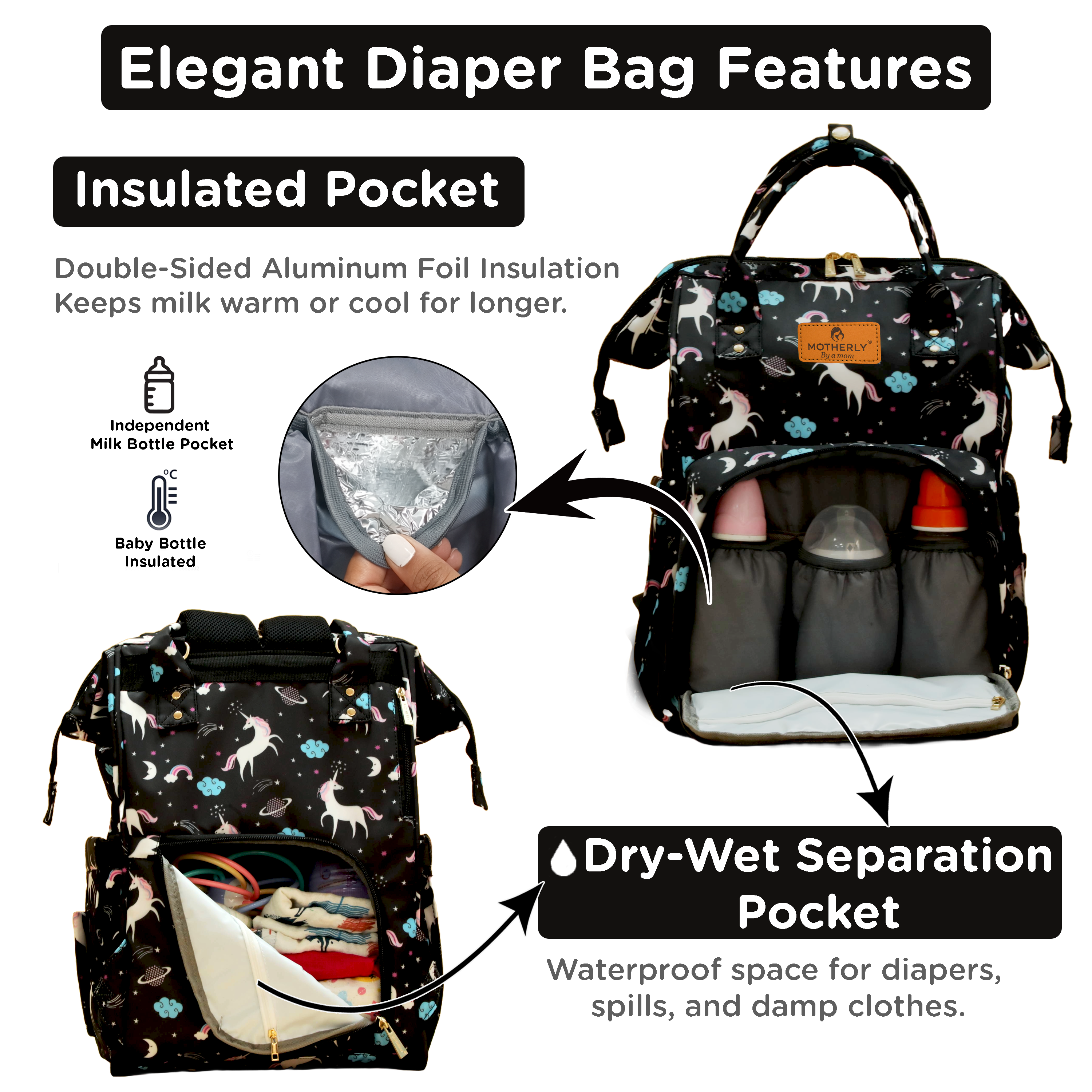 Motherly Elegant Diaper Bag for Moms – Water-Resistant Maternity & Travel Bag with Multiple Pockets & Warranty
