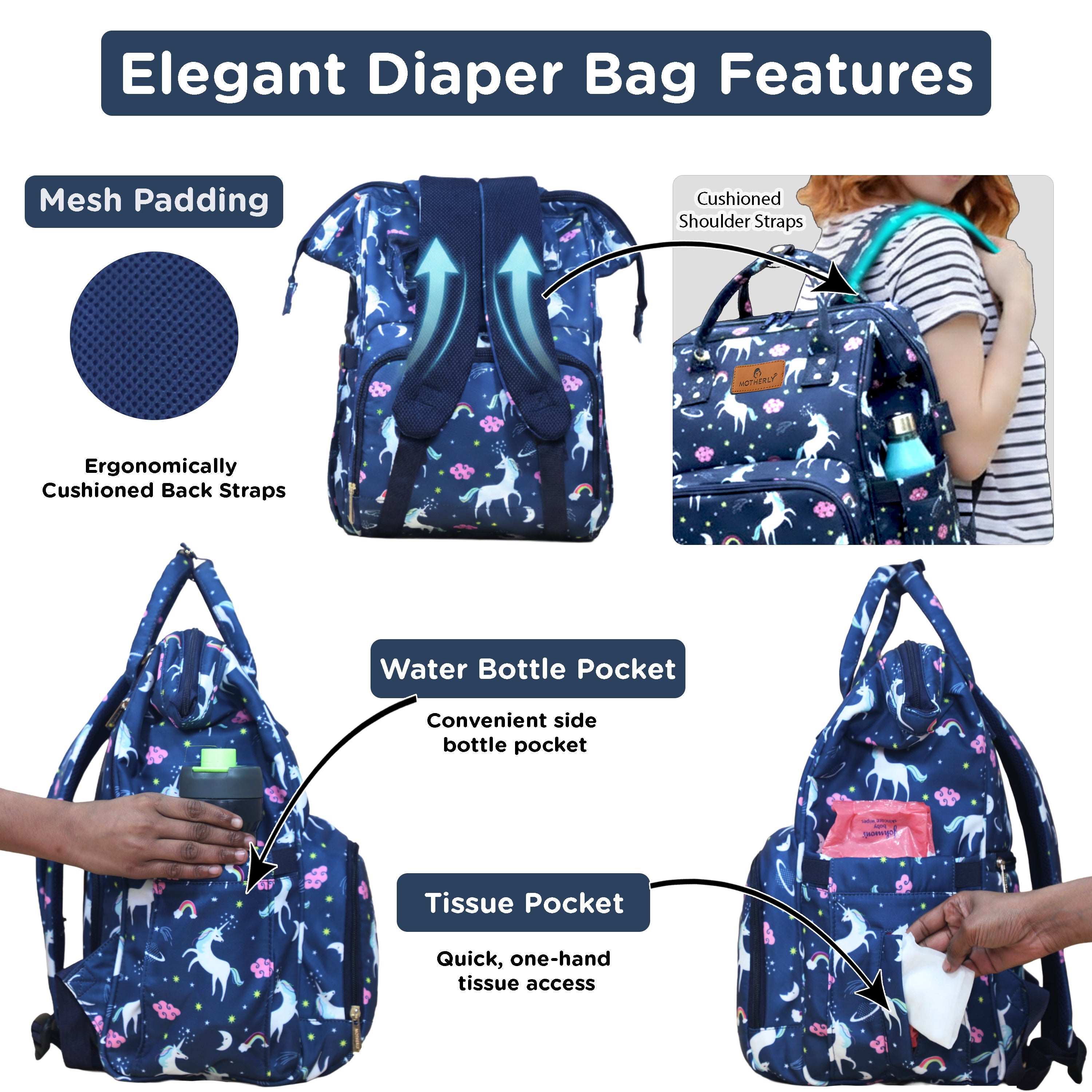 Motherly Elegant Diaper Bag for Moms – Water-Resistant Maternity & Travel Bag with Multiple Pockets & Warranty