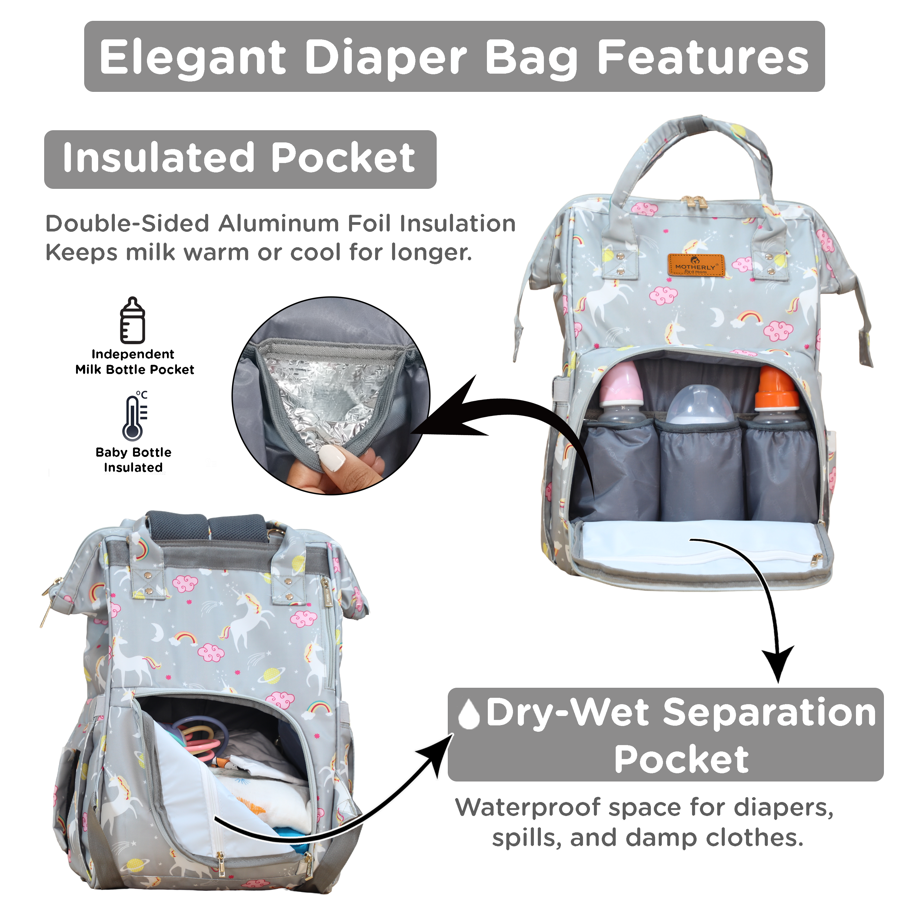 Motherly Elegant Diaper Bag for Moms – Water-Resistant Maternity & Travel Bag with Multiple Pockets & Warranty