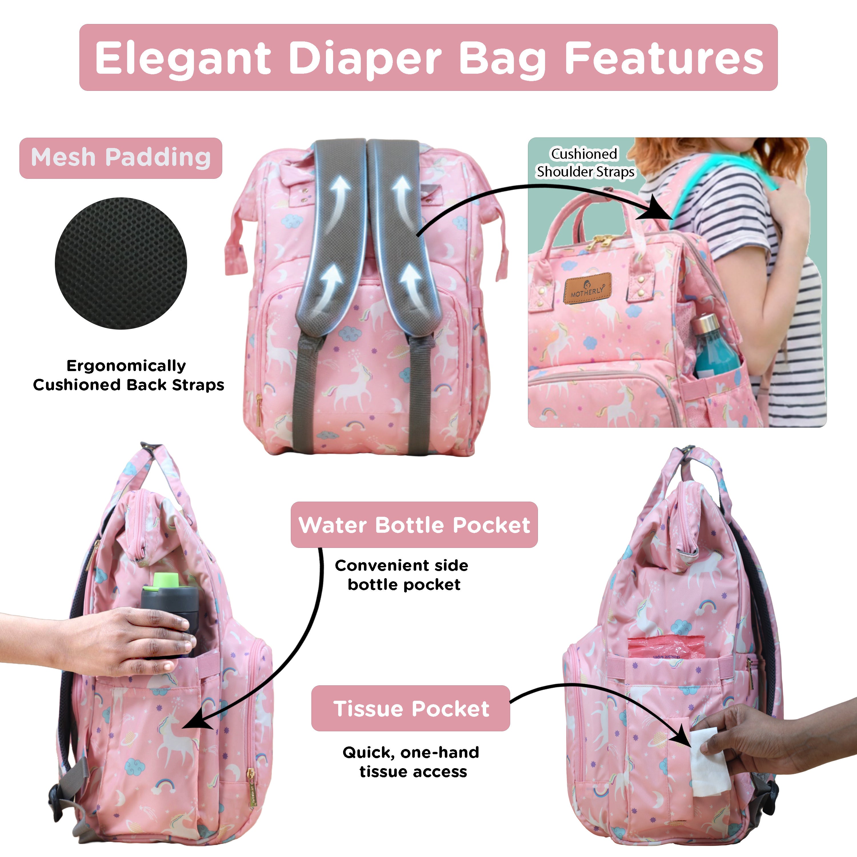 Motherly Elegant Diaper Bag for Moms – Water-Resistant Maternity & Travel Bag with Multiple Pockets & Warranty