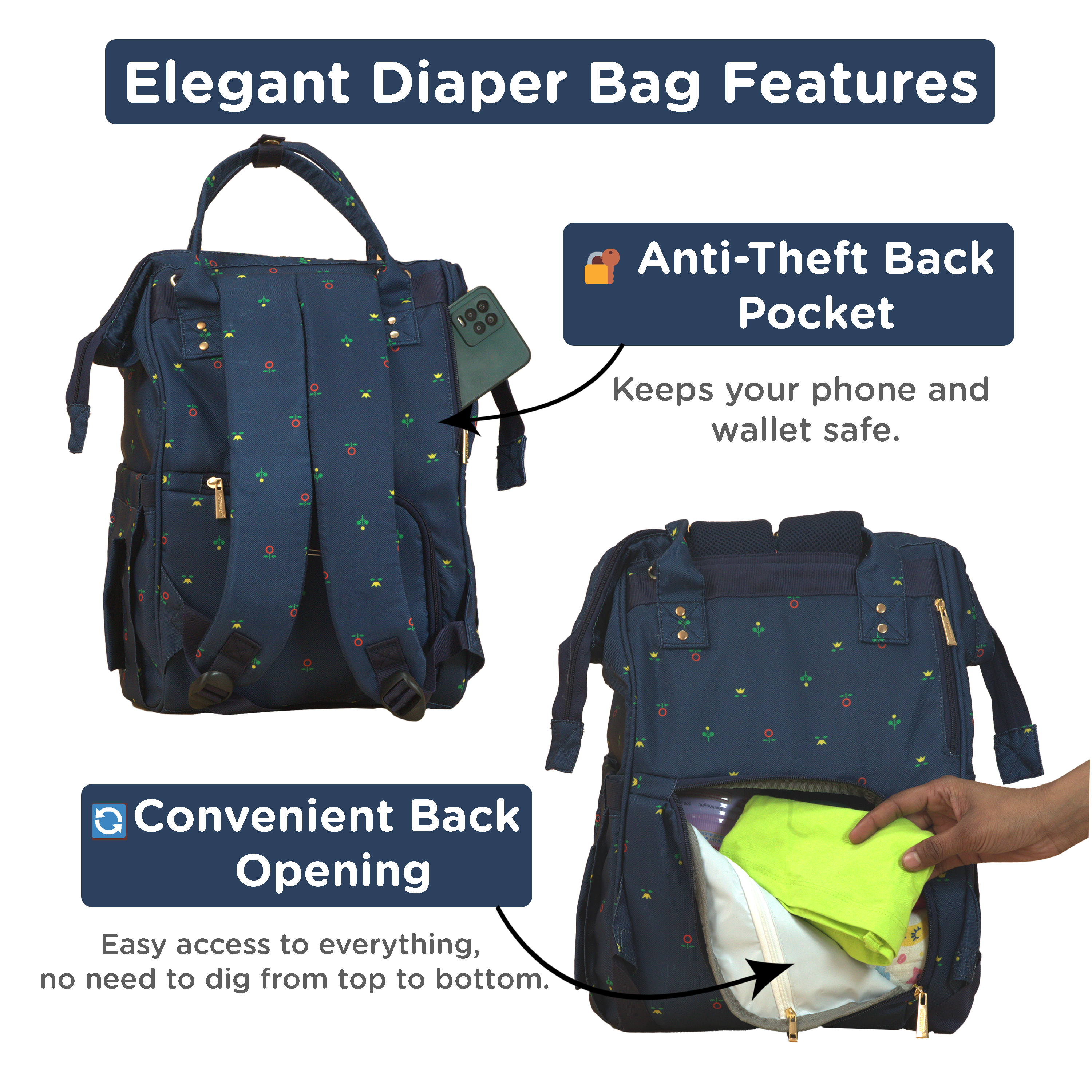 Motherly Elegant Diaper Bag for Moms – Water-Resistant Maternity & Travel Bag with Multiple Pockets & Warranty