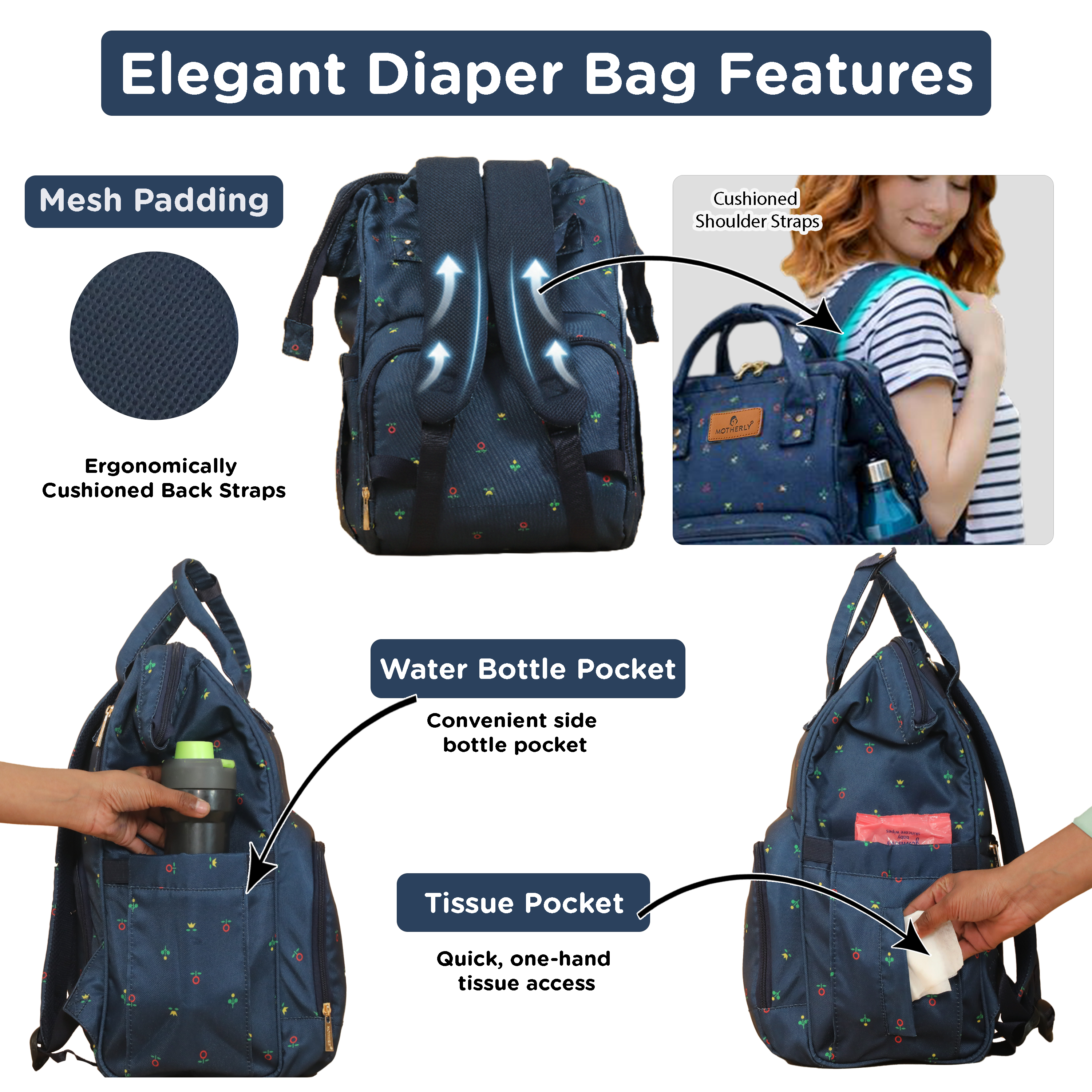 Motherly Elegant Diaper Bag for Moms – Water-Resistant Maternity & Travel Bag with Multiple Pockets & Warranty
