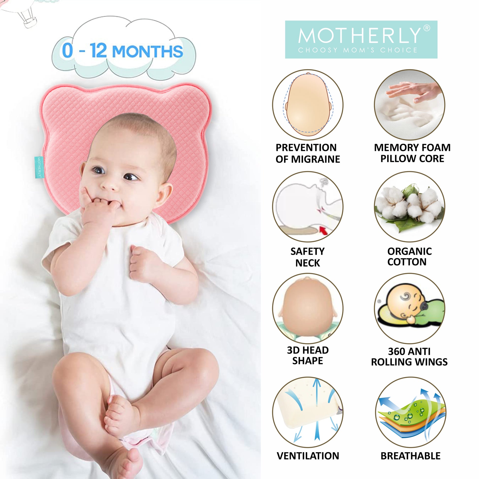 Baby Head Support Pillow Gentle Ergonomic and Comforting Design - MOTHERLY