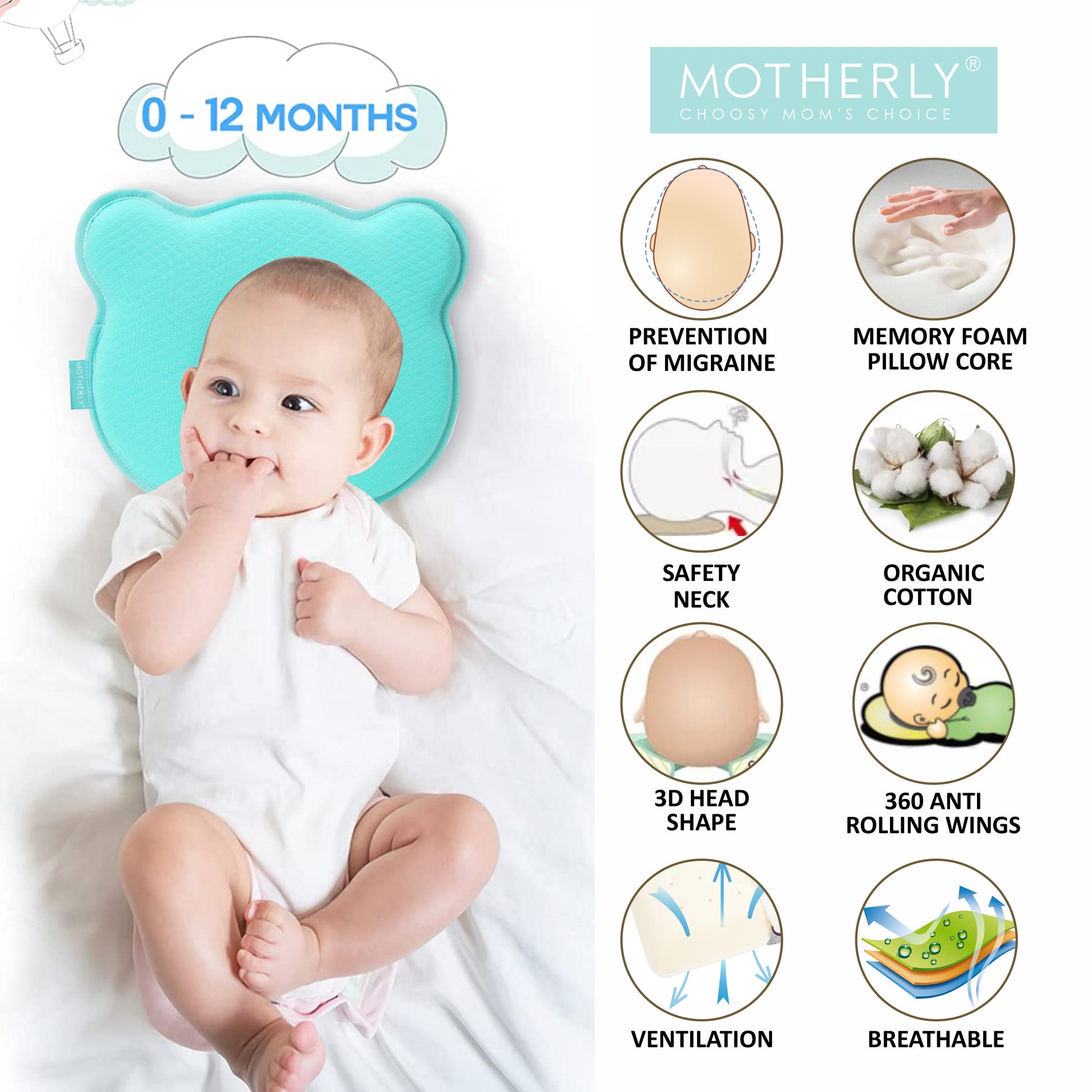 Baby Head Support Pillow Gentle Ergonomic and Comforting Design - MOTHERLY
