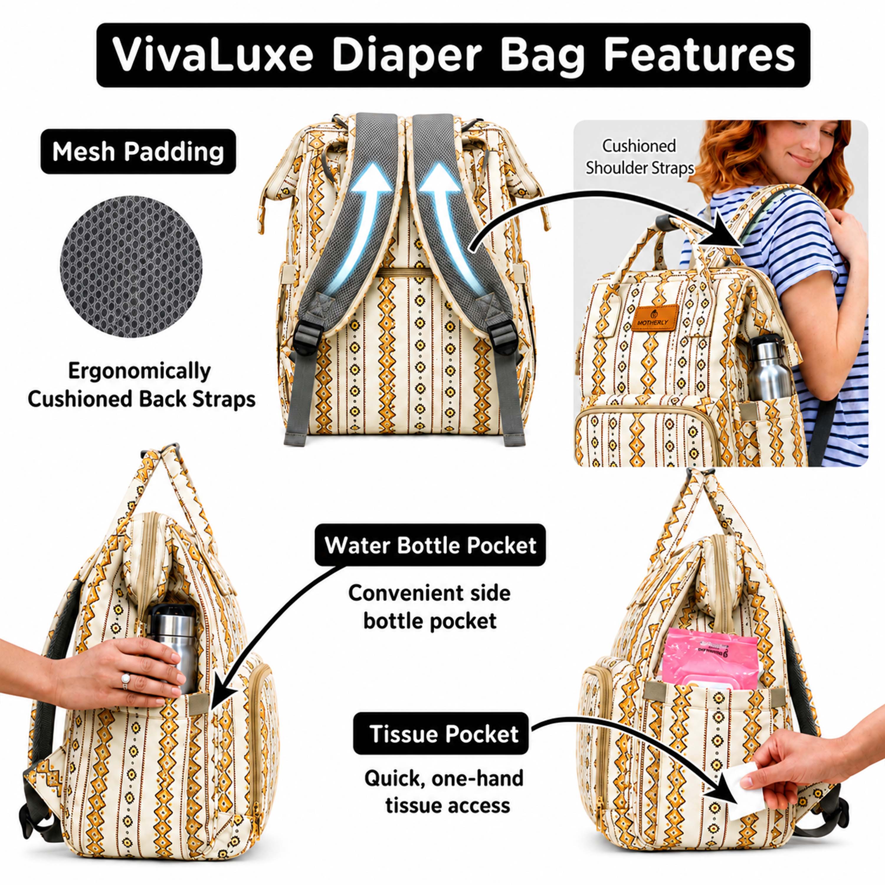Motherly Patented Diaper Bag Backpack for Moms | Waterproof Baby Travel & Maternity Bag | Spacious Nappy Bag with Multiple Compartments, Insulated Bottle Pockets & Warranty (VivaLuxe Series)