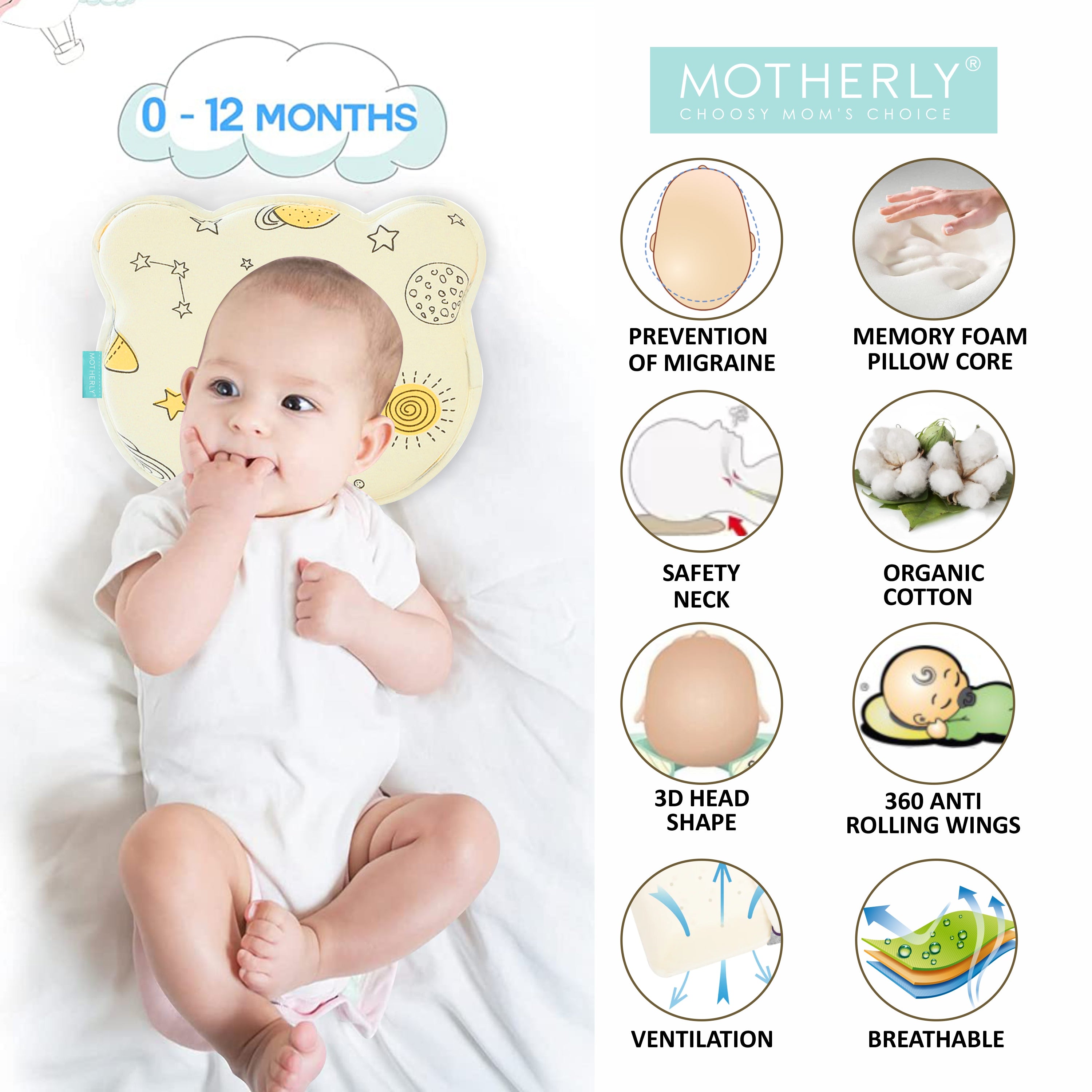 Baby Head Support Pillow Gentle Ergonomic and Comforting Design - MOTHERLY