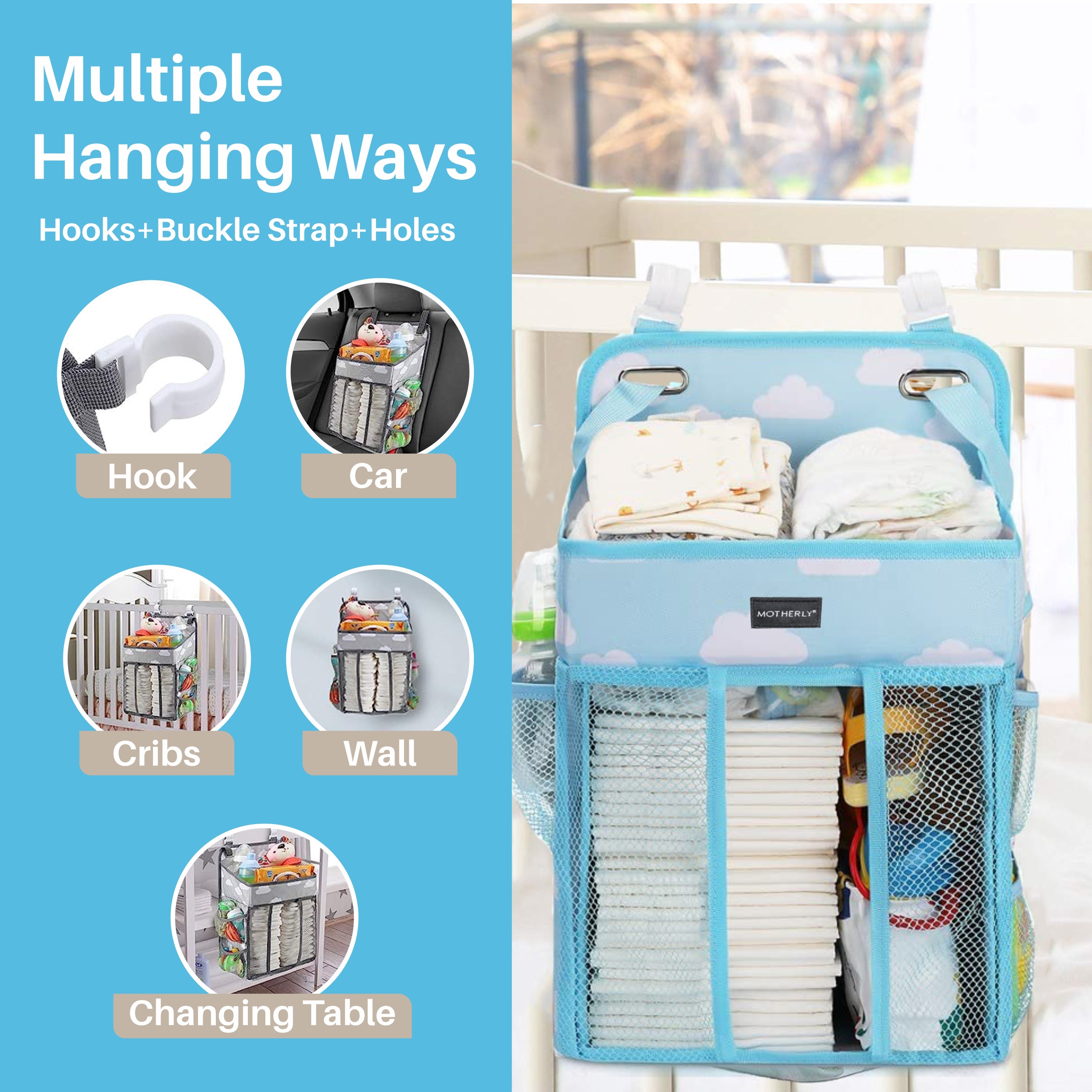 Motherly Baby Crib Organizer Hanging Diaper Storage Detachable Multiple Pockets Stackable Nursery Essentials - MOTHERLY