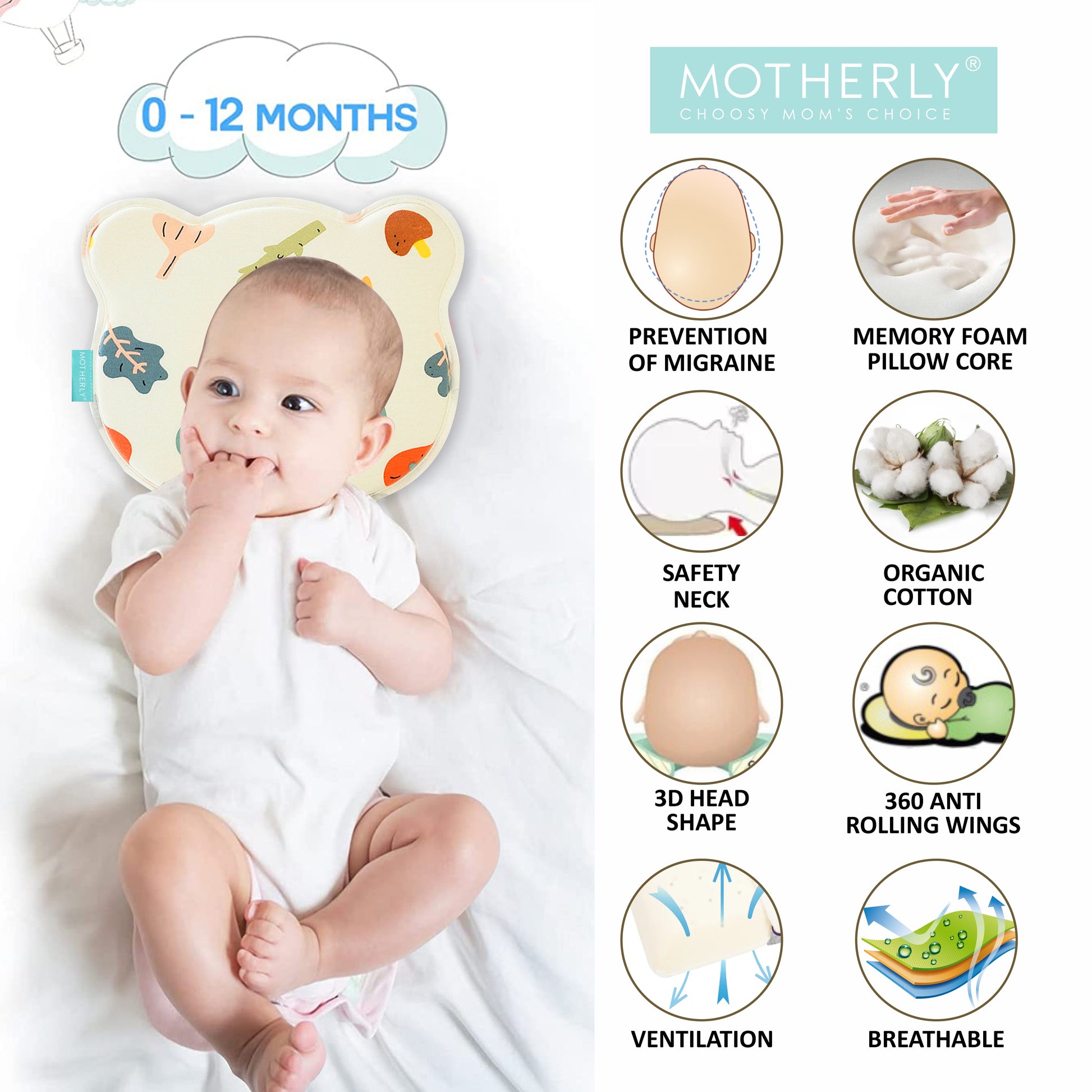 Baby Head Support Pillow Gentle Ergonomic and Comforting Design - MOTHERLY