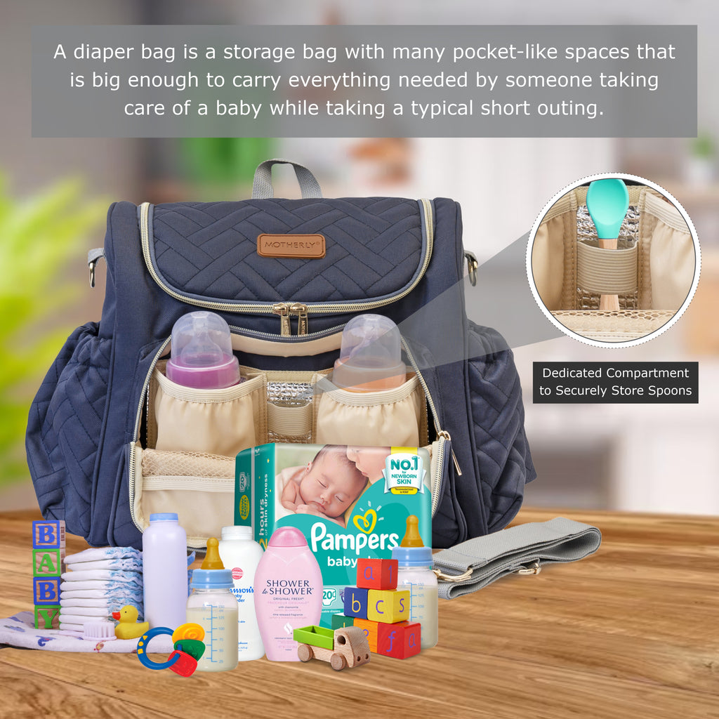 Motherly Diaper Quilted Diaper Bag for Mothers for Travel with Changing Mat - Spacious Diaper Bags for Mom | Baby Bag with Multi-Pocket Design | Maternity Bags for Mother and Baby (Black) - MOTHERLY