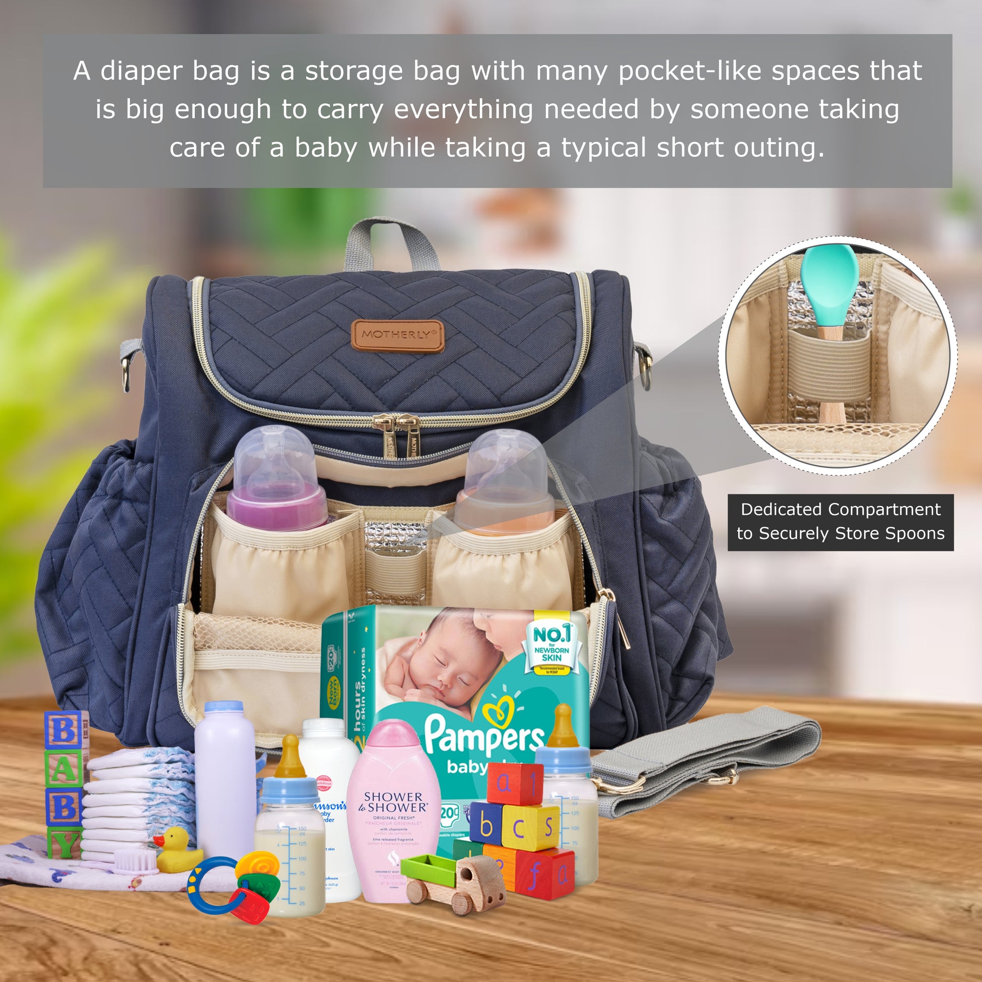 Motherly Diaper Quilted Diaper Bag for Mothers for Travel with Changing Mat - Spacious Diaper Bags for Mom | Baby Bag with Multi-Pocket Design | Maternity Bags for Mother and Baby (Black) - MOTHERLY