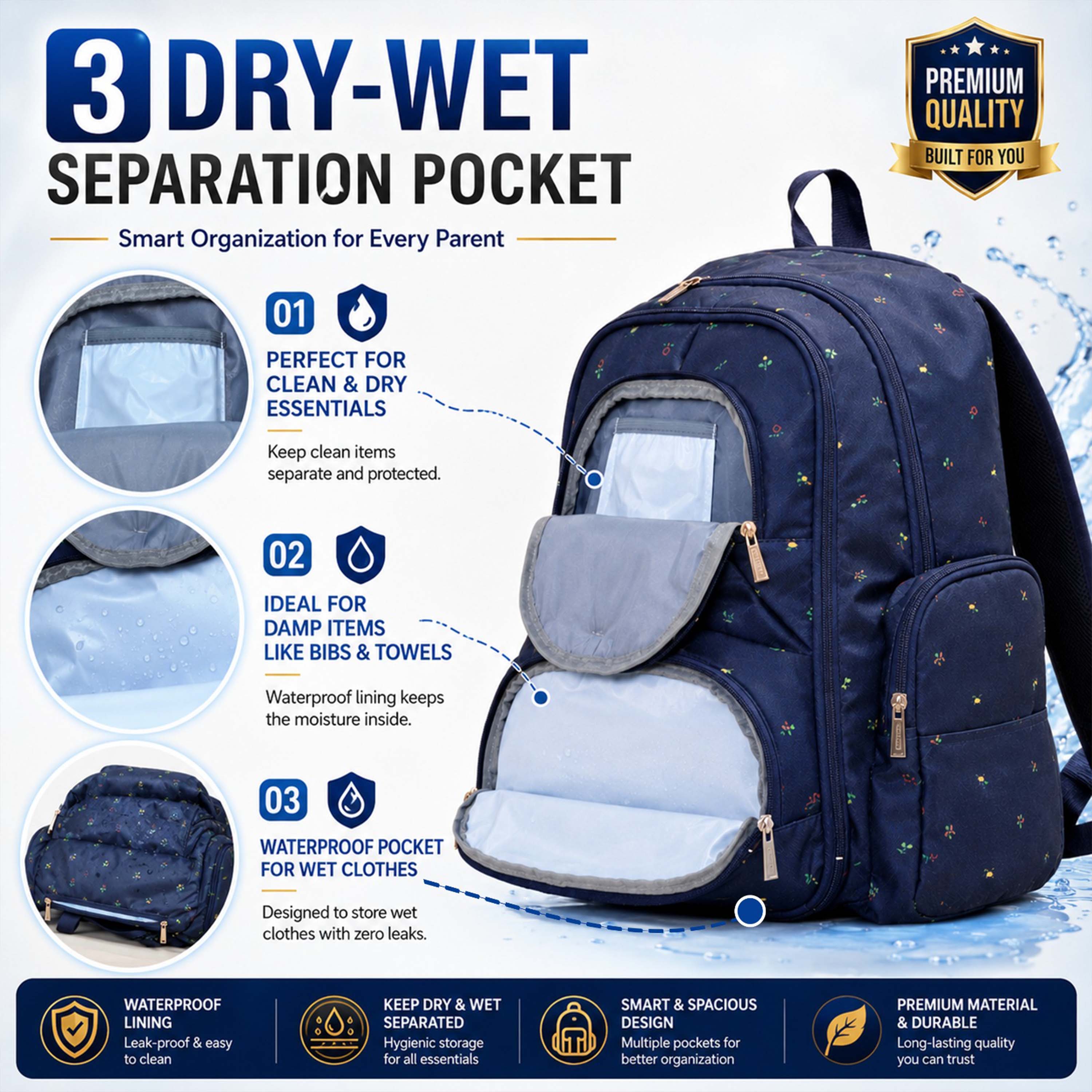 Motherly Elite Diaper Bag for Mothers for Travel, Maternity Bag for Newborn Baby, Mother Travelling Bag, Multiple Pocket Water Resistant Hospital Bag for moms with complimentary offers (Blue Flower)