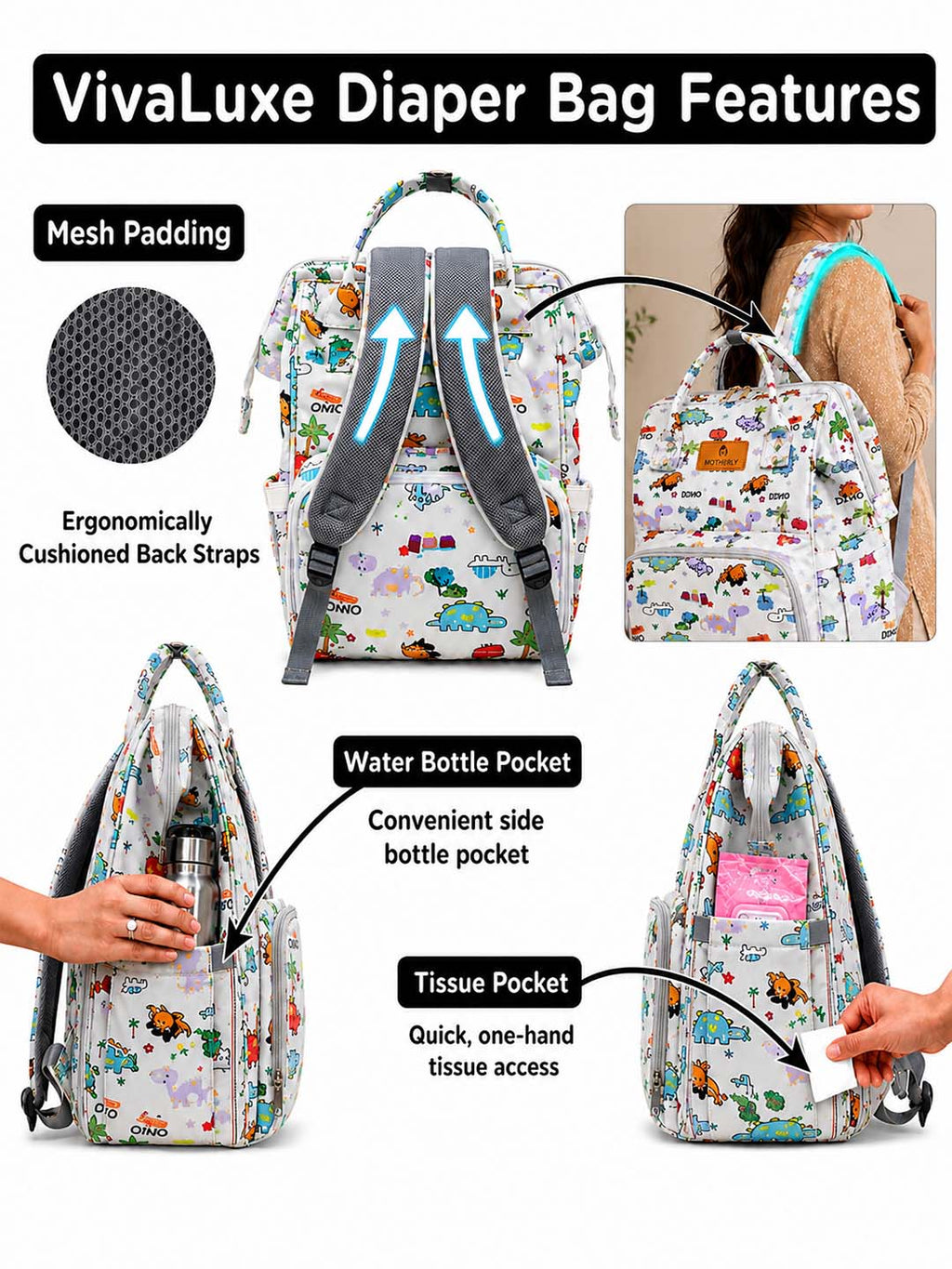 Motherly Patented Diaper Bag Backpack for Moms | Waterproof Baby Travel & Maternity Bag | Spacious Nappy Bag with Multiple Compartments, Insulated Bottle Pockets & Warranty (VivaLuxe Series)