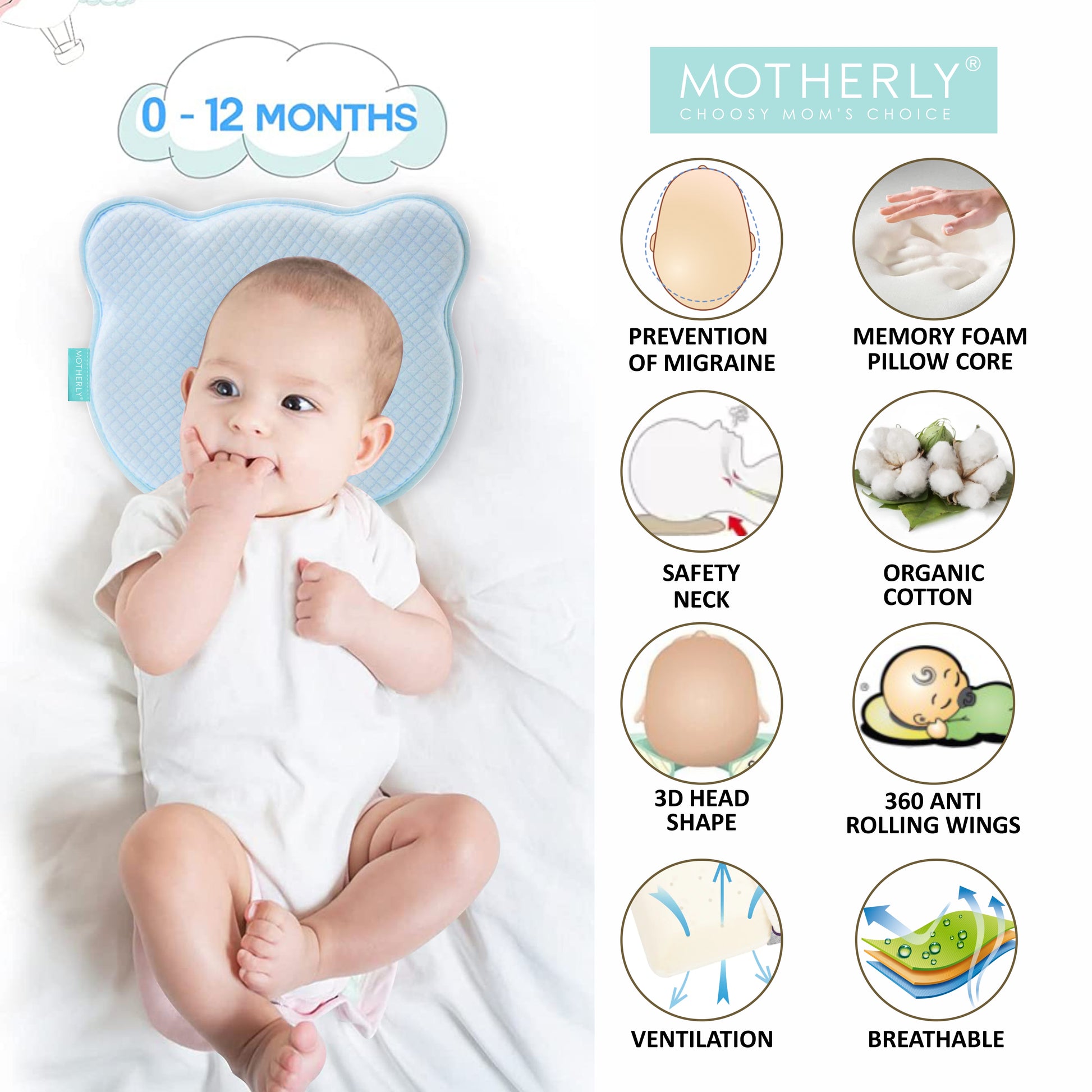 Baby Head Support Pillow Gentle Ergonomic and Comforting Design - MOTHERLY