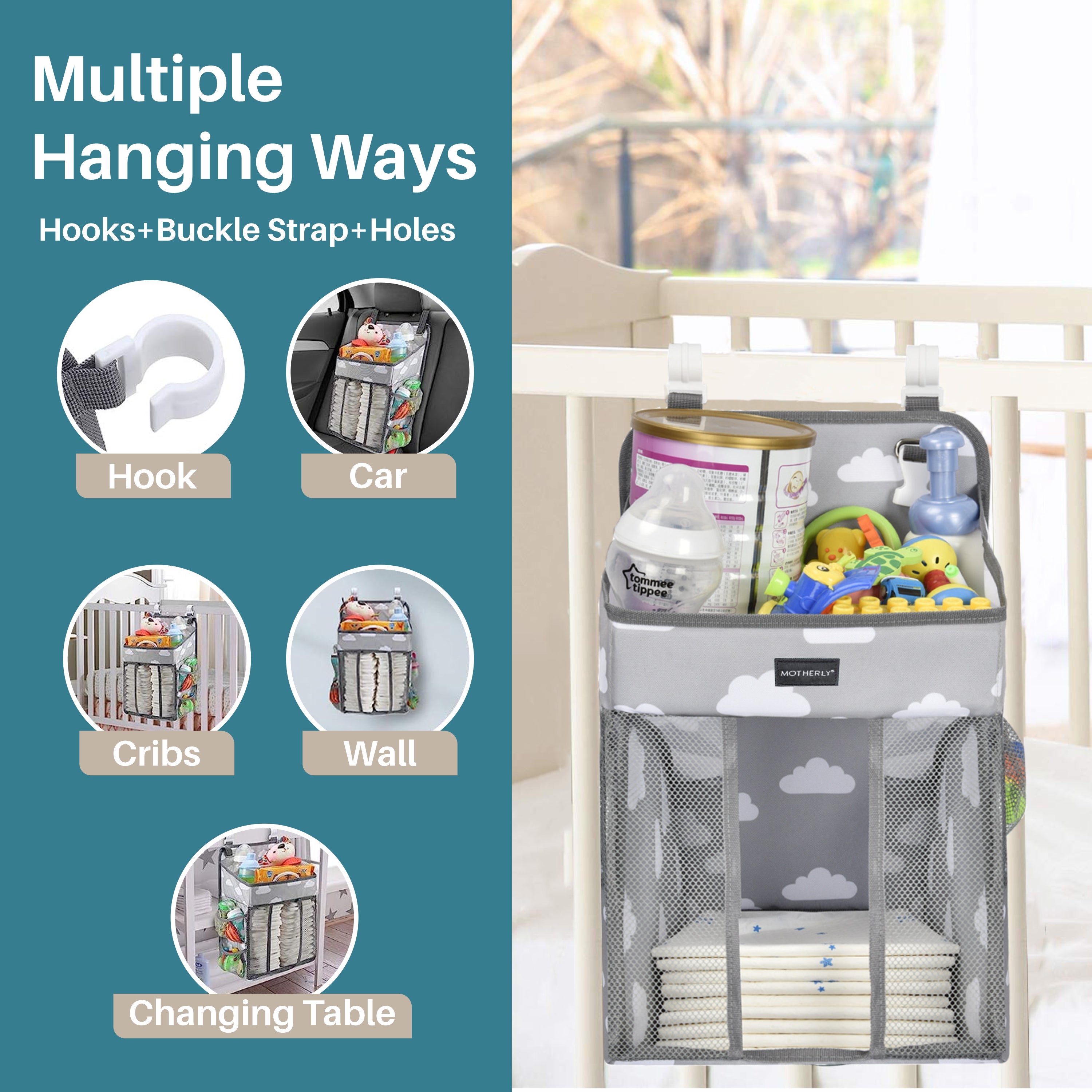 Motherly Baby Crib Organizer Hanging Diaper Storage Detachable Multiple Pockets Stackable Nursery Essentials - MOTHERLY