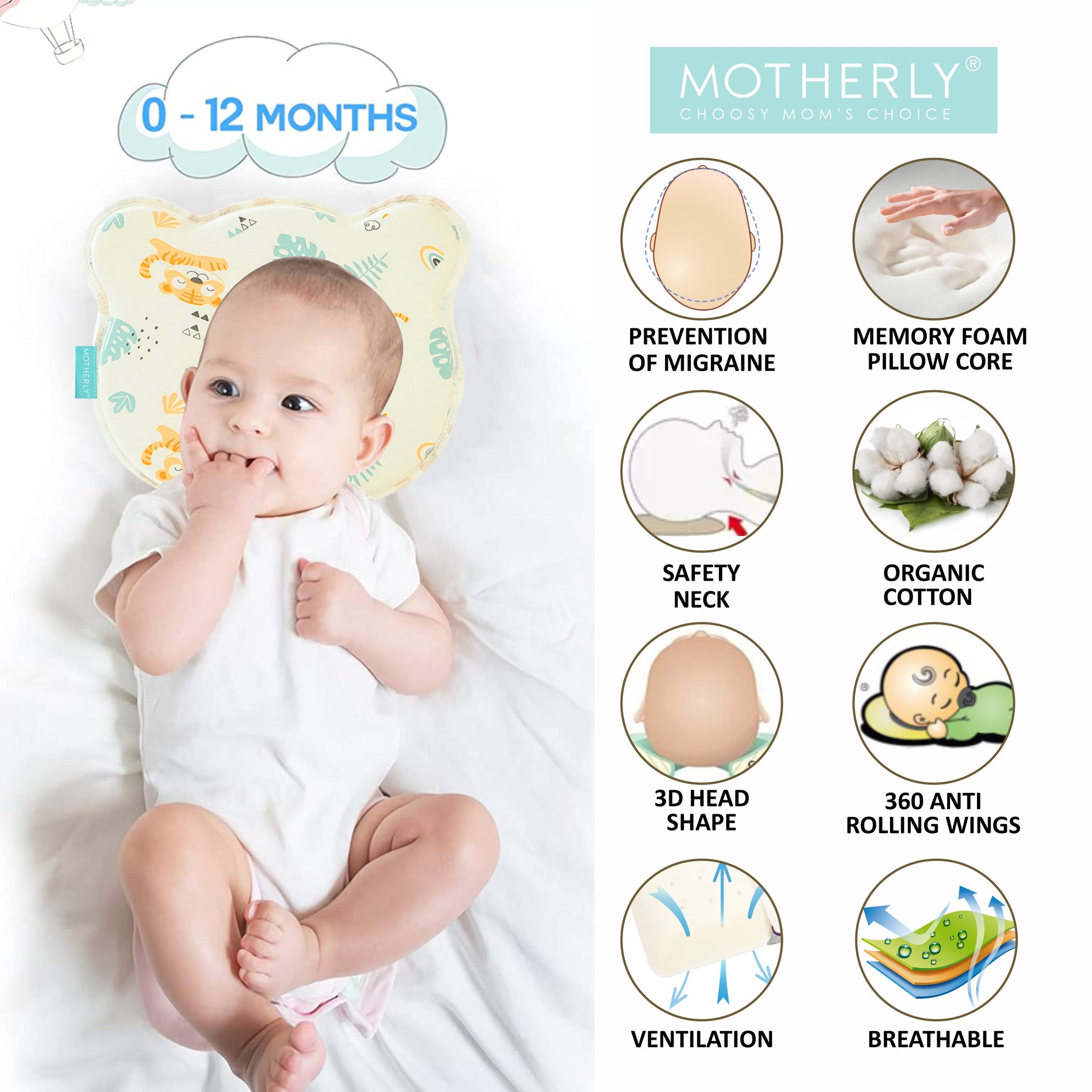 Baby Head Support Pillow Gentle Ergonomic and Comforting Design - MOTHERLY