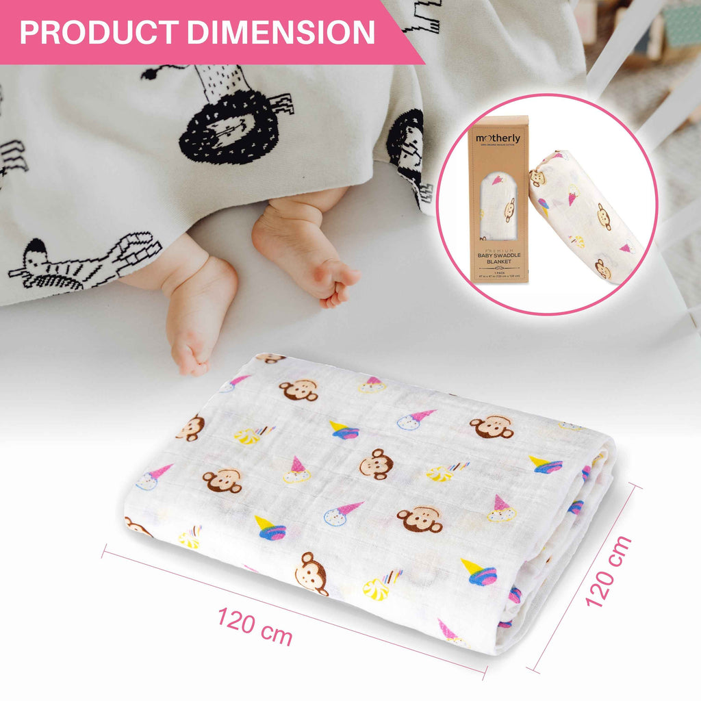 Motherly 100% Cotton Muslin Baby Swaddle | Dreamy Wrap Cozy Swaddle for New Born Baby, Size - 120cm X 120cm (47"x47")