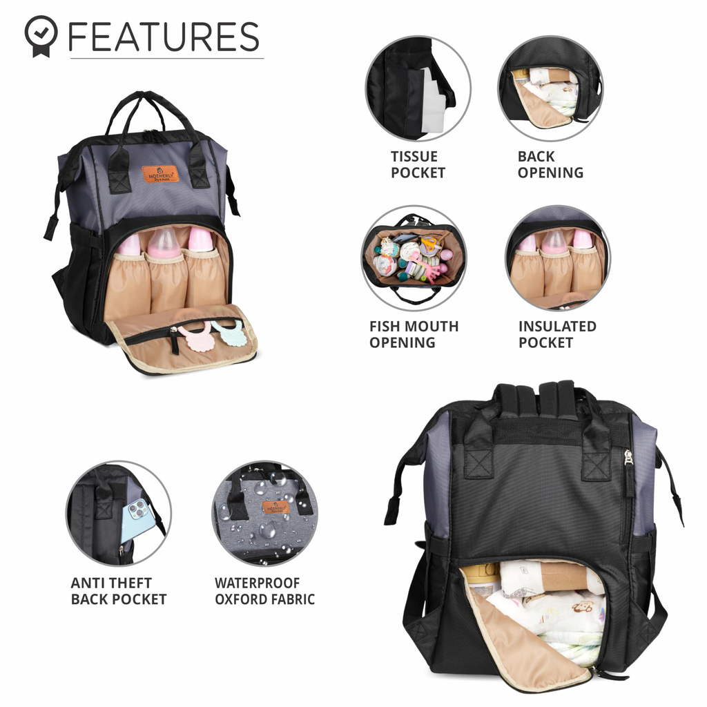 Motherly Elegant Diaper Bag for Mothers for Travel, Maternity Bag for Newborn Baby, Mothers Travelling Bag, Multipocket Water Resistant Baby Bag, Hospital Bag for Moms - MOTHERLY