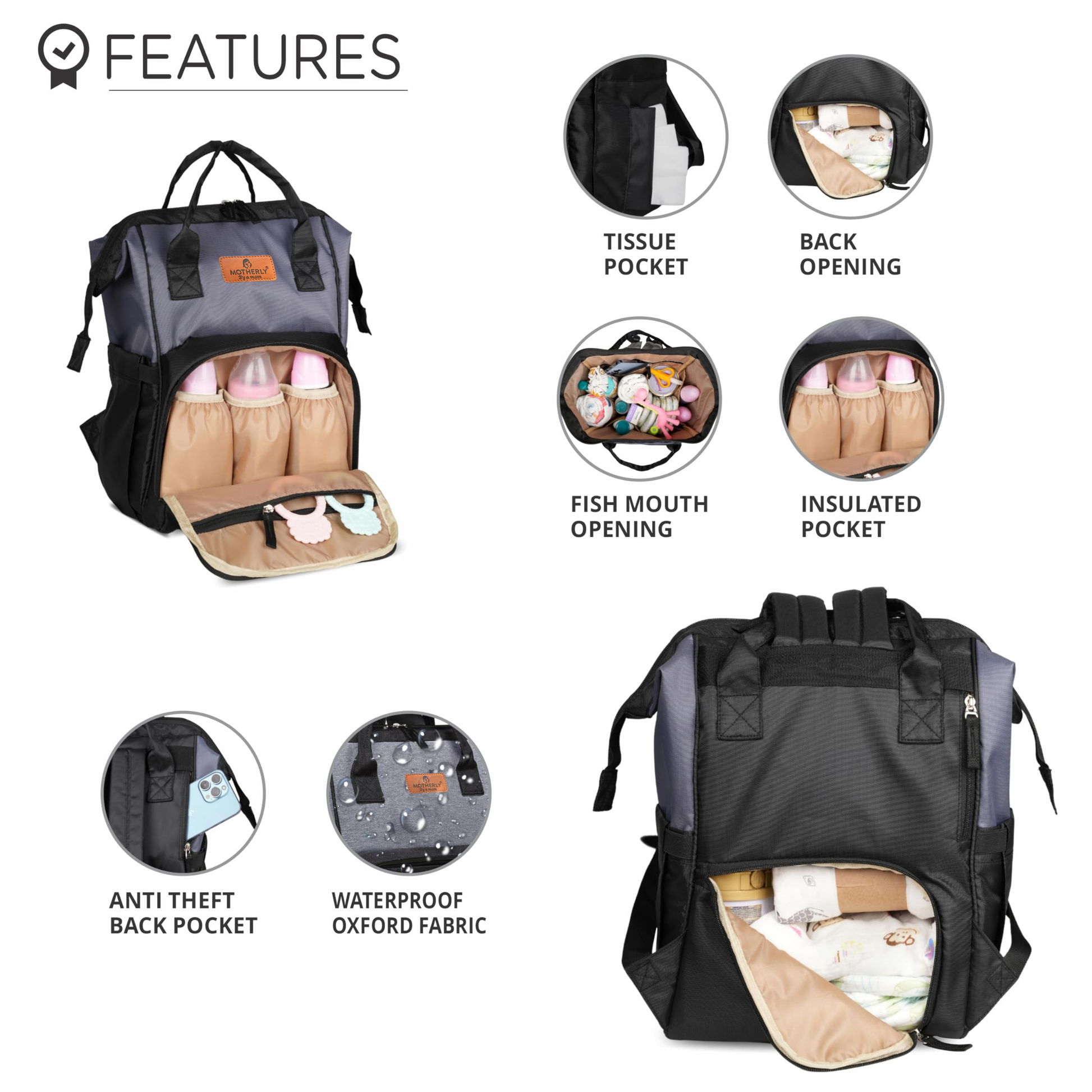 Motherly Elegant Diaper Bag for Mothers for Travel, Maternity Bag for Newborn Baby, Mothers Travelling Bag, Multipocket Water Resistant Baby Bag, Hospital Bag for Moms - MOTHERLY