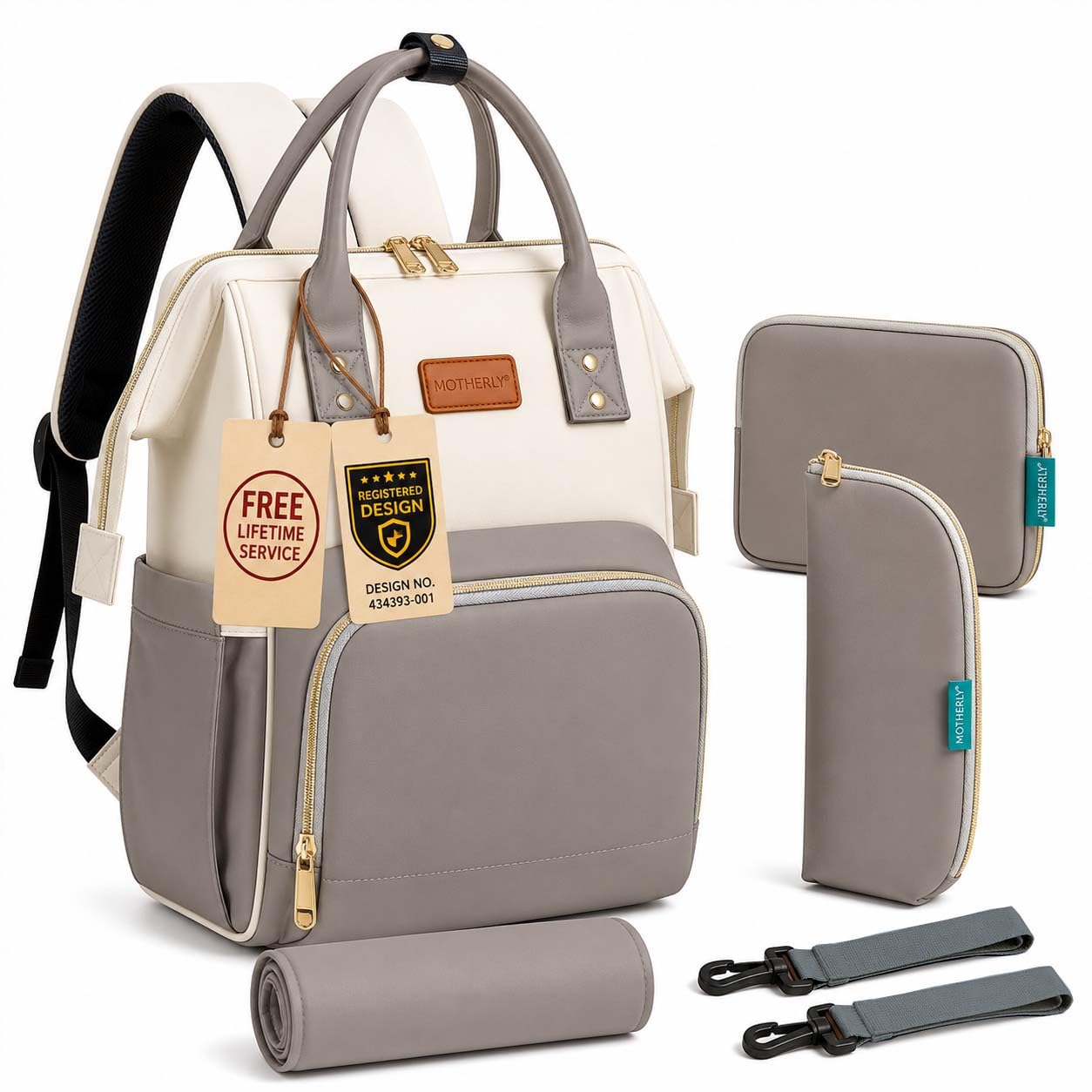 Motherly Patented Design Maternity Diaper Bag with Accessories | Waterproof Baby Travel Bag | Multi-Pocket Organizer for Newborn Essentials & Hospital Use (Envy Series) - Combo Cream Grey